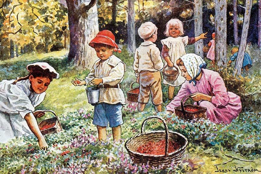 Målning av barn i skog av Jenny Nyström.