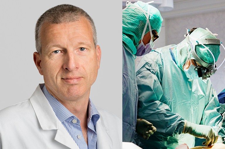 Collage av manlig forskare i vit och och operationsbild