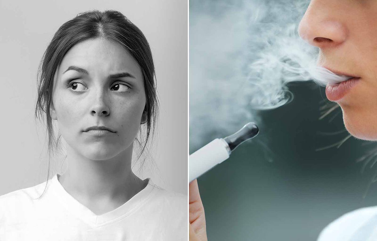 Unge tjej ser fundersam ut. Människa röker e-ciggarett.
