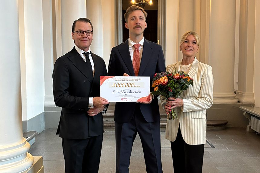 H.K.H. Prins Daniel, Daniel Engelbertsen, docent och forskare inom hjärt-kärlimmunologi i Malmö, och Kristina Sparreljung
| Foto: Jenny Kölfors