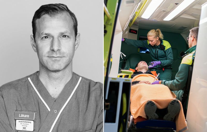 Forskaren Jacob Hollenberg. Patient och ambulanspersonal inuti ambulans.