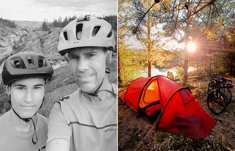 Theo och Jonas i cykelhjälmar