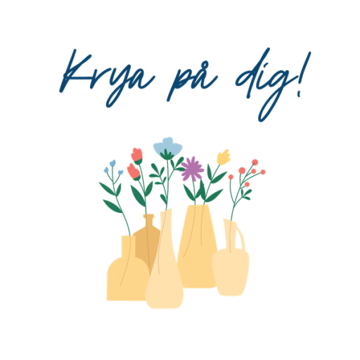 Illustration gula vaser med blommor och texten krya på dig