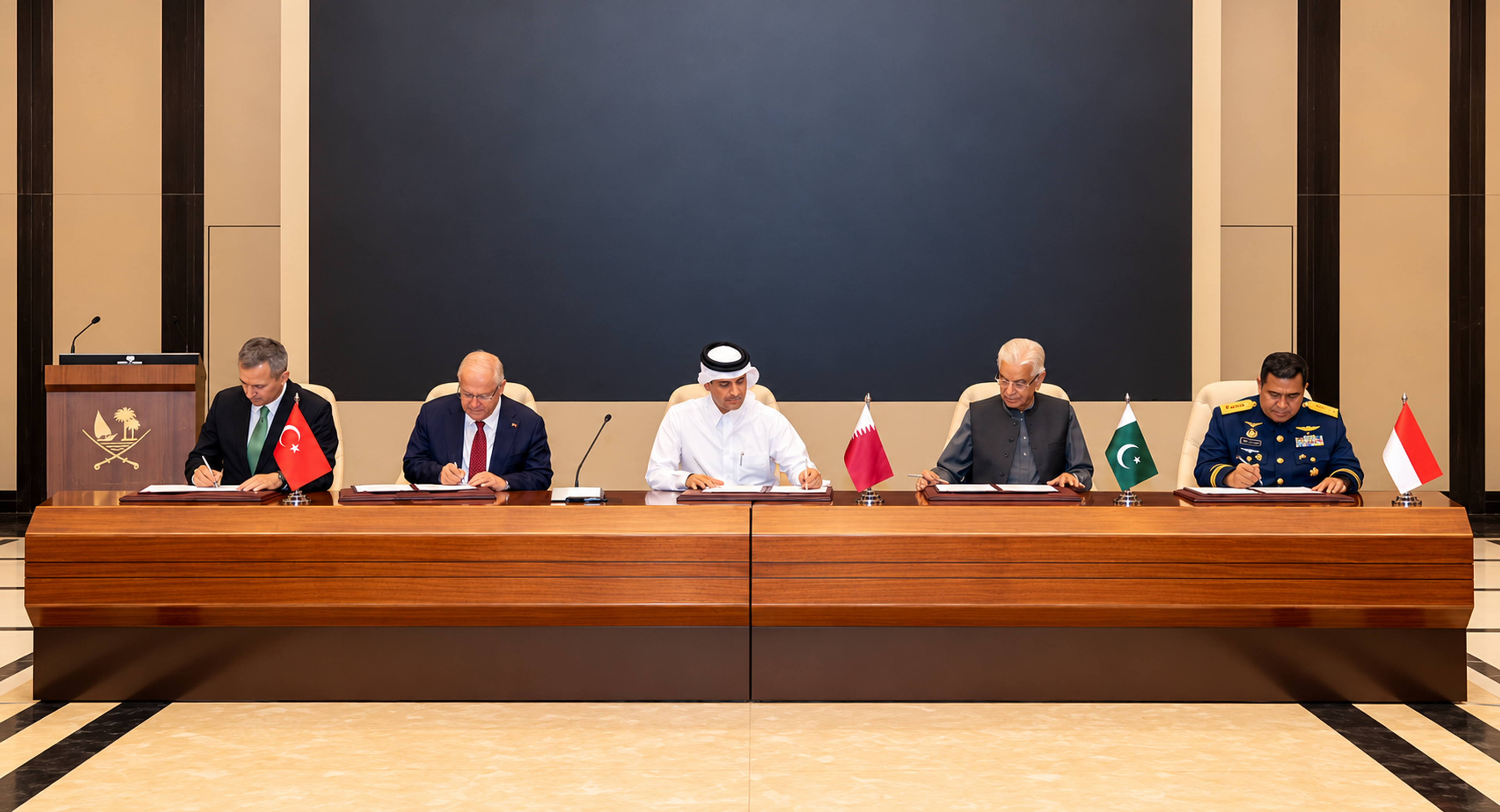 Defence officials from Qatar, Türkiye, Pakistan and Indonesia signed the Badr memorandum of understanding in Doha on October 21, 2026, to expand cooperation in defence manufacturing, military training and research. Photo: Qatar News Agency (QNA)