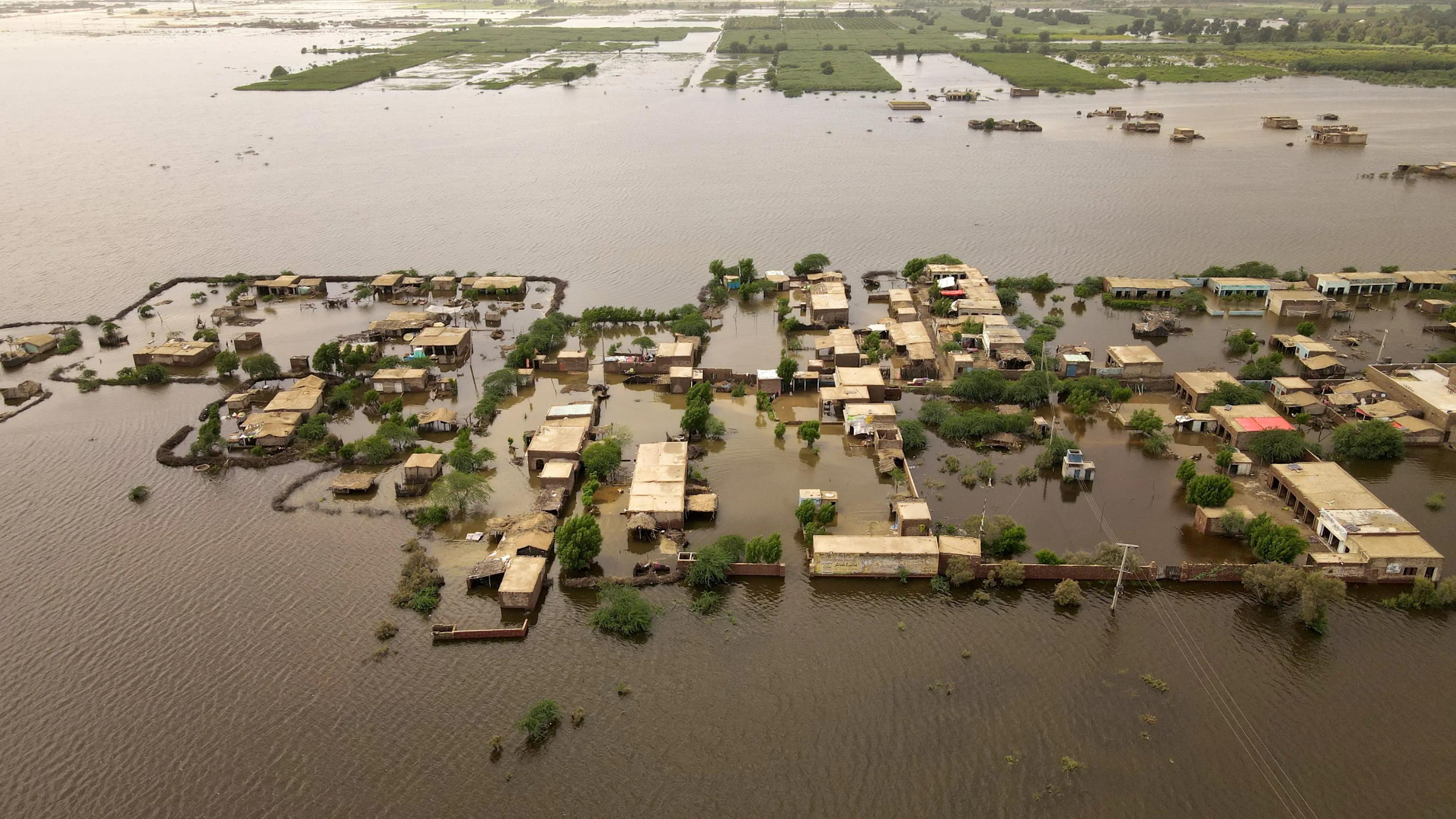A flooded village in Sindh, Pakistan, during the 2022 floods. Structural flaws in flood control have grown more acute amid Pakistan's diplomatic rupture with India. Photo: Emmanuel Guddo/Concern Worldwide