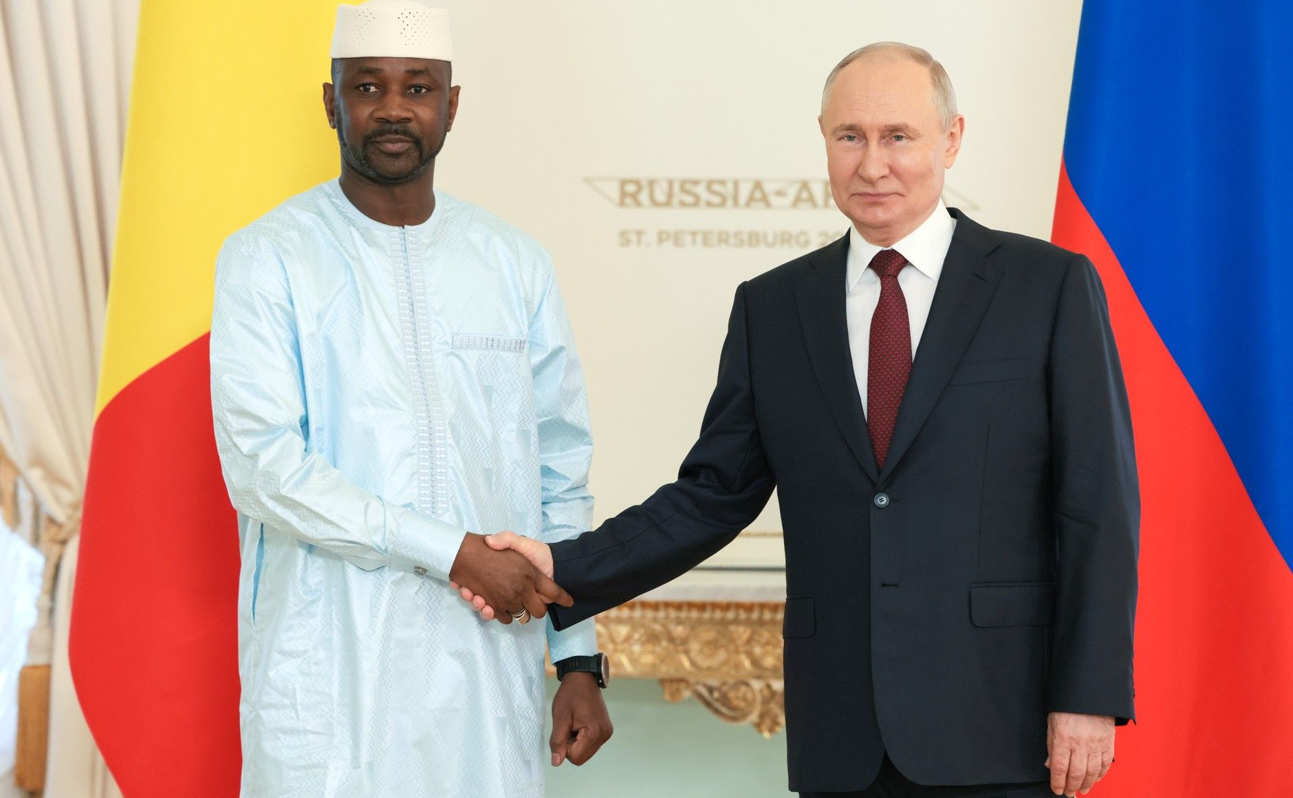 Assimi Goïta, President of Mali, with Russian President Vladimir Putin at the Kremlin in late July 2023.