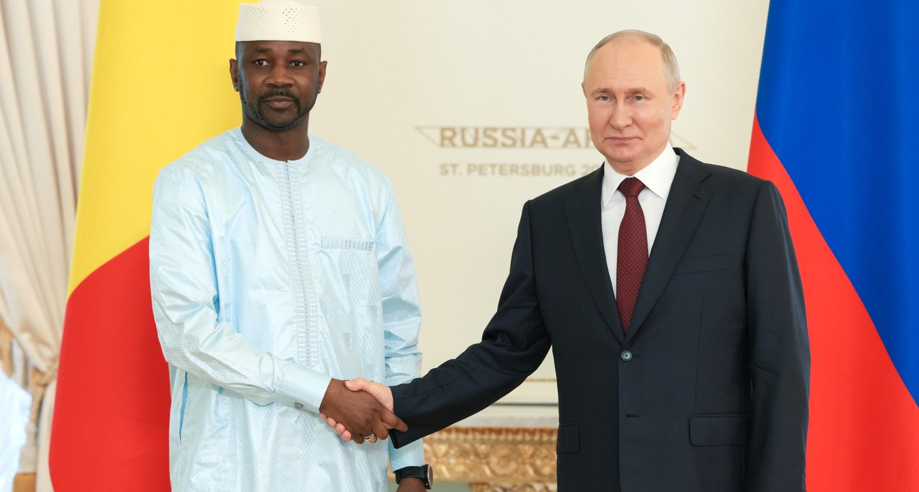 Assimi Goïta, President of Mali, with Russian President Vladimir Putin at the Kremlin in late July 2023.