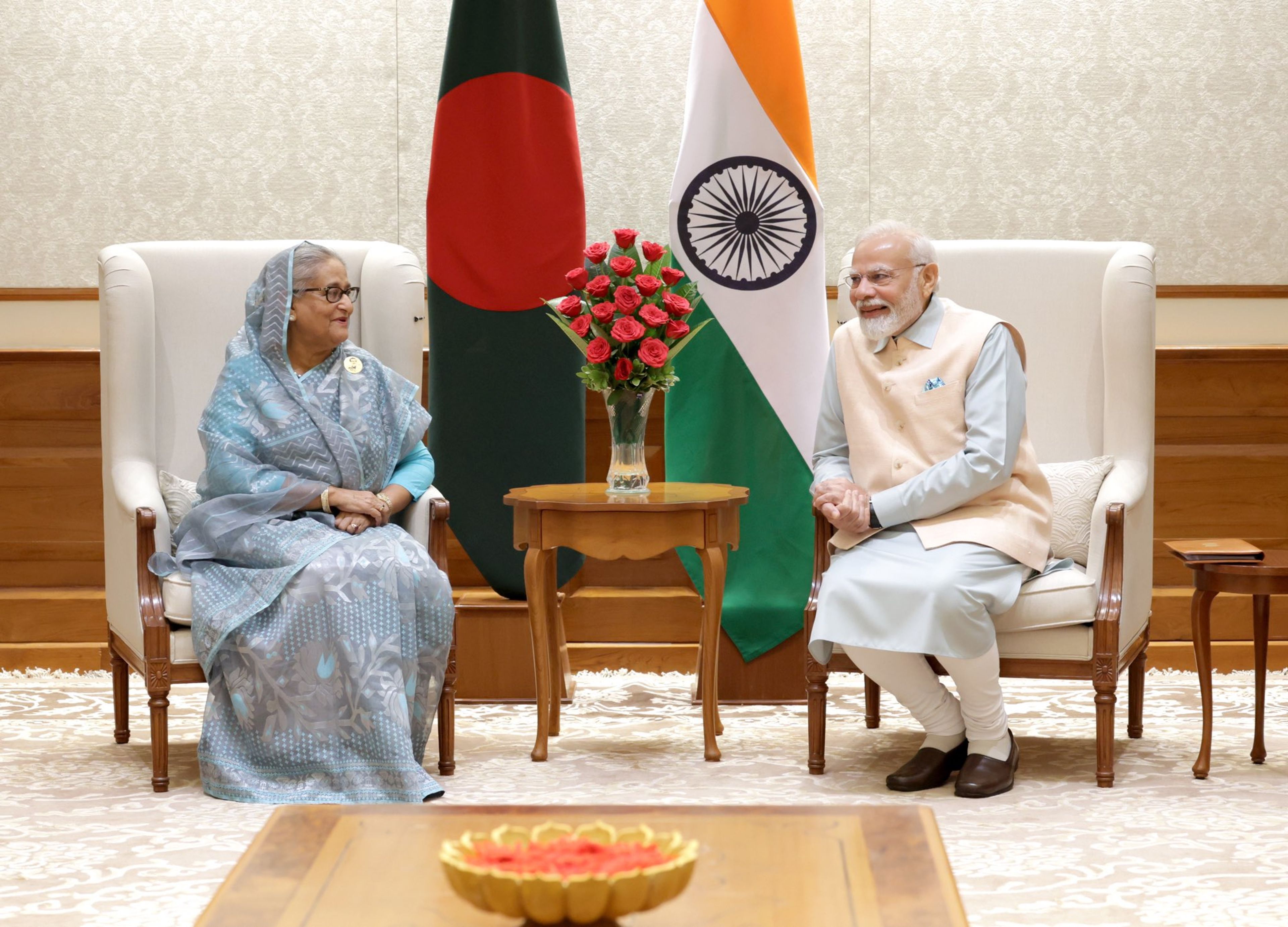Ousted Bangladesh Prime Minister Sheikh Hasina with India's Prime Minister Narendra Modi during an official meeting in September, 2023.