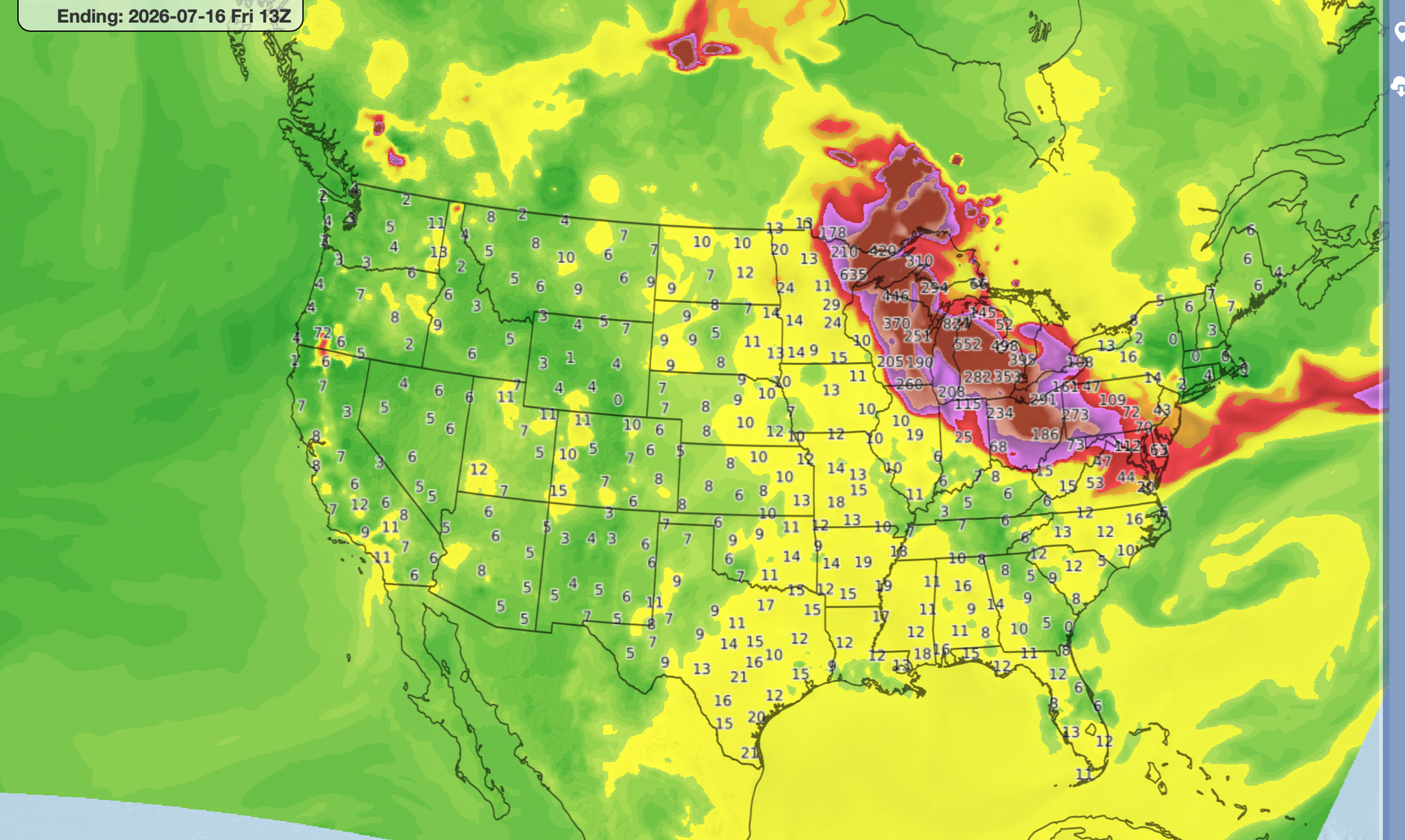 Model forecast for Canadian wildfire smoke concentrations infiltrating the US Midwest and Northeast
