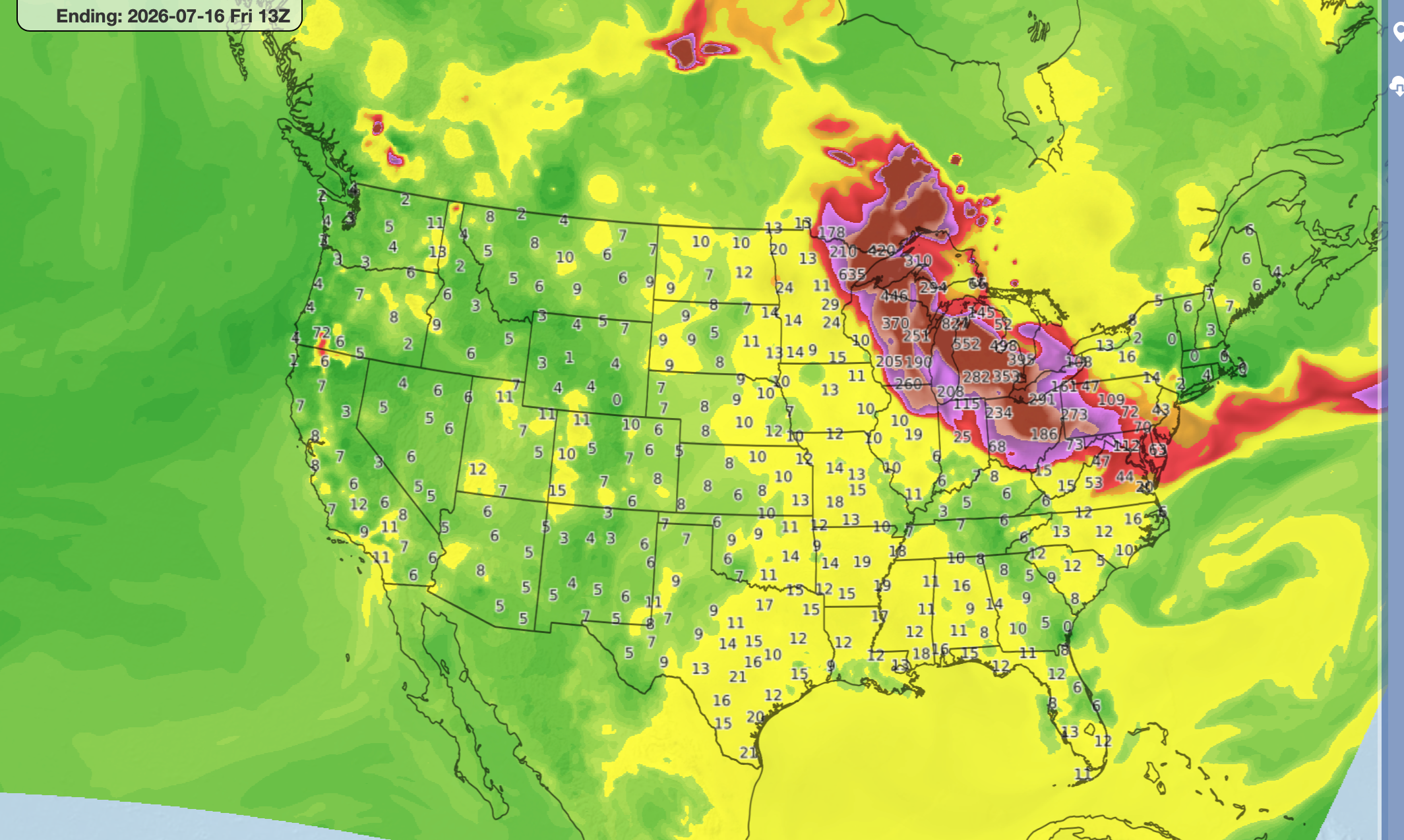 Model forecast for Canadian wildfire smoke concentrations infiltrating the US Midwest and Northeast