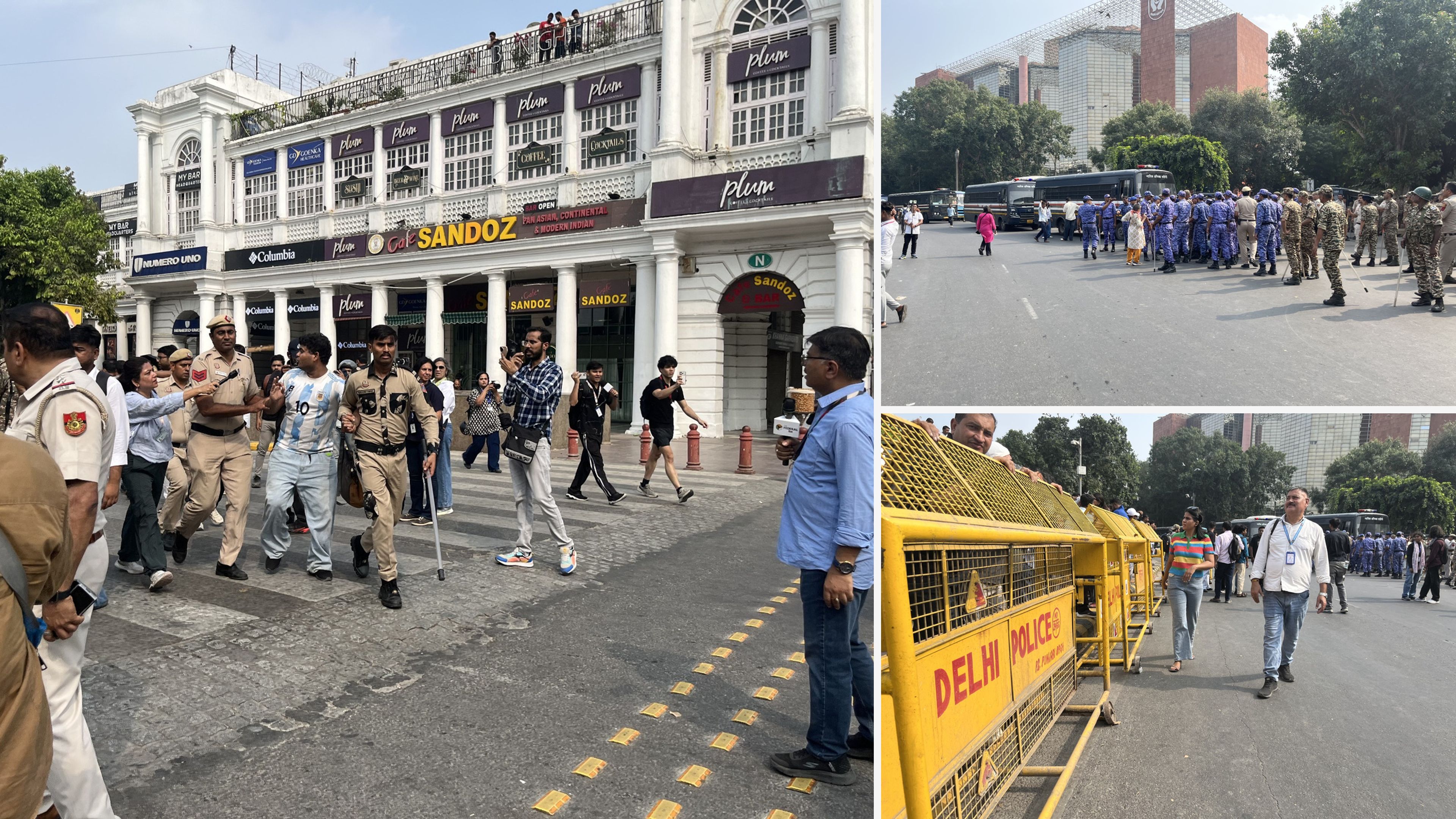 Police personnel escort protesters through Connaught Place as security forces, buses and barricades were deployed across New Delhi on October 10 amid the CJP’s protest call. Photo: Ajoy Ashirwad Mahaprashasta