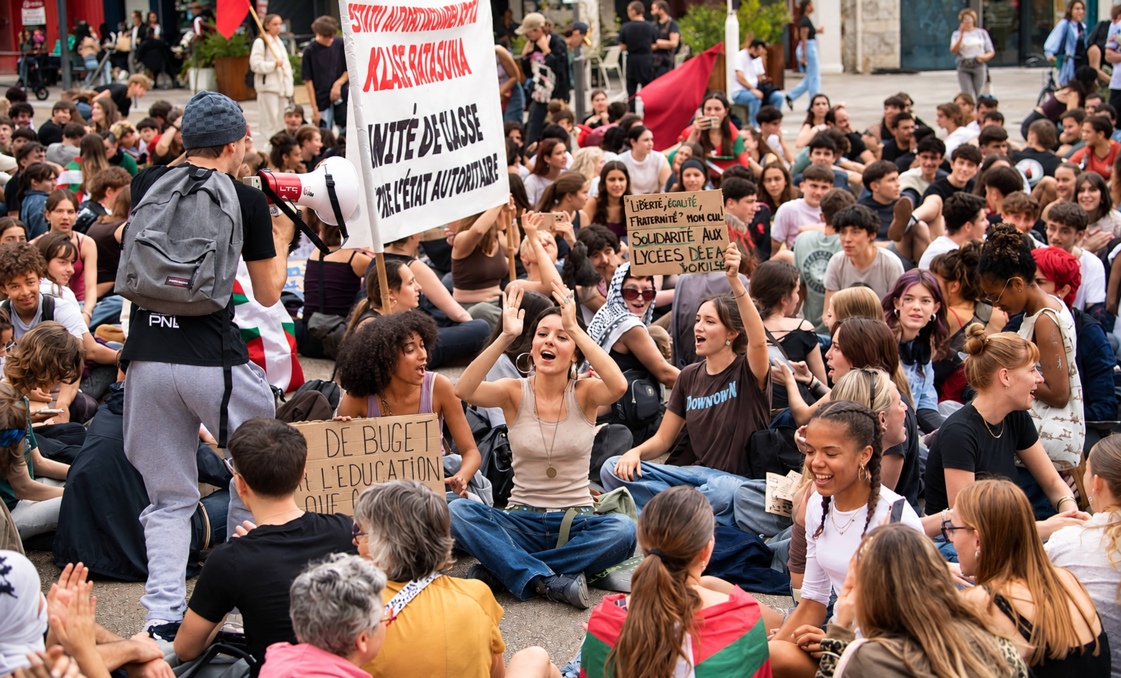 High school students gather for a sit-in protest demanding better educational resources in Bayonne, France. Photo: Patxi Beltzaitz, Berria.