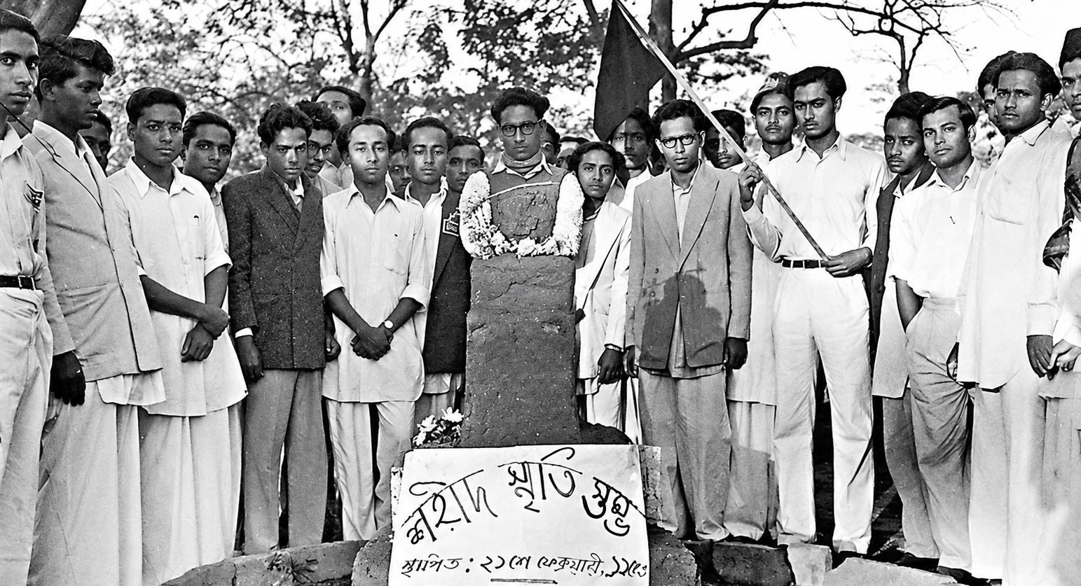Activists pay floral tribute at the Shaheed Minar in Dhaka on February 21, 1953, marking the first anniversary of the Bengali Language Movement killings. Eight people were killed in the police firing of February 21–22, 1952, when protesters demanding recognition of Bengali as a state language were fired upon.Photo: Bangladeshonrecord.com/Dr. Rafiqul Islam.