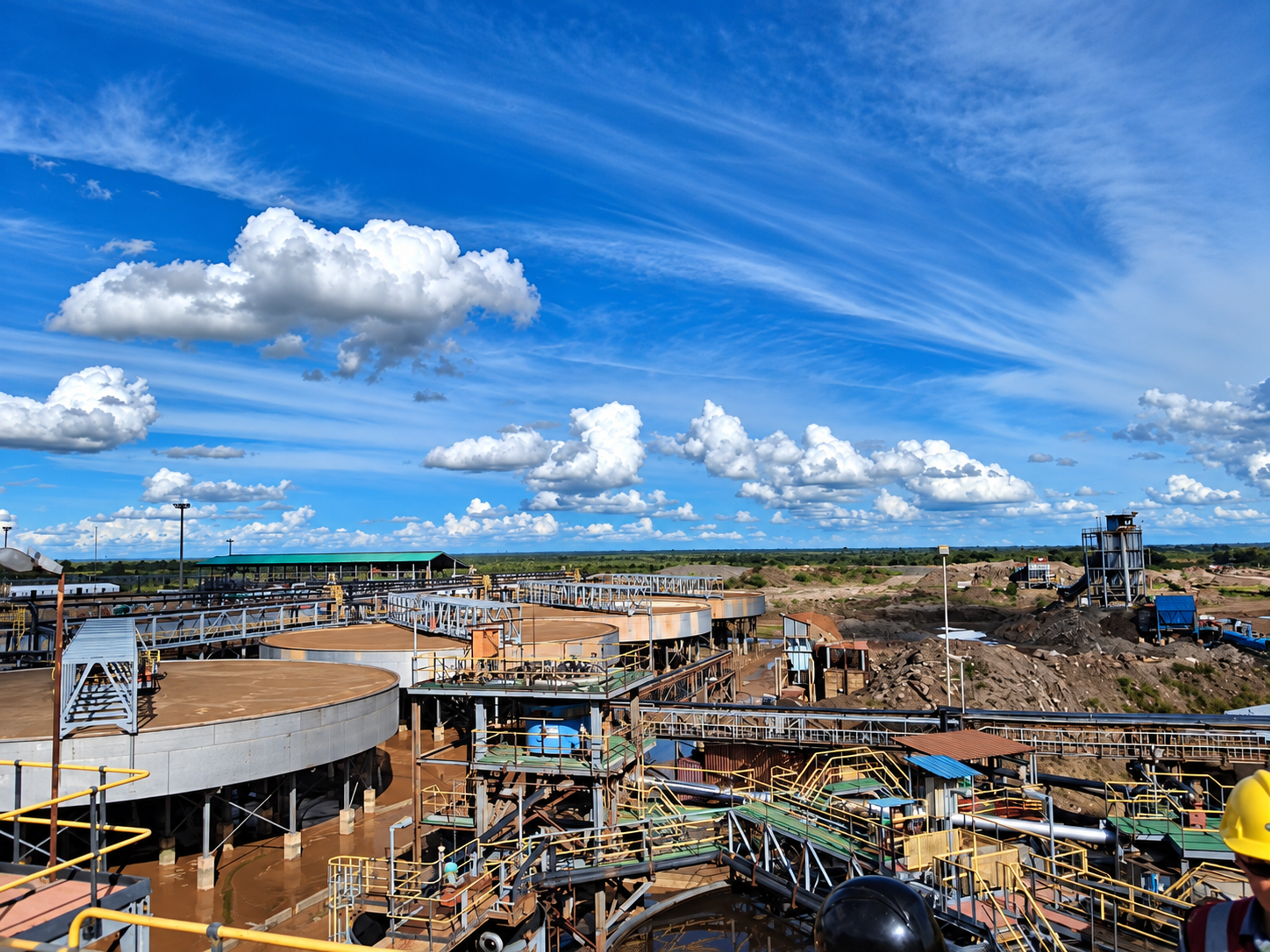 An overview of a mineral processing plant, showing settling tanks, pipelines and processing infrastructure. Photo: Elisha Iragi