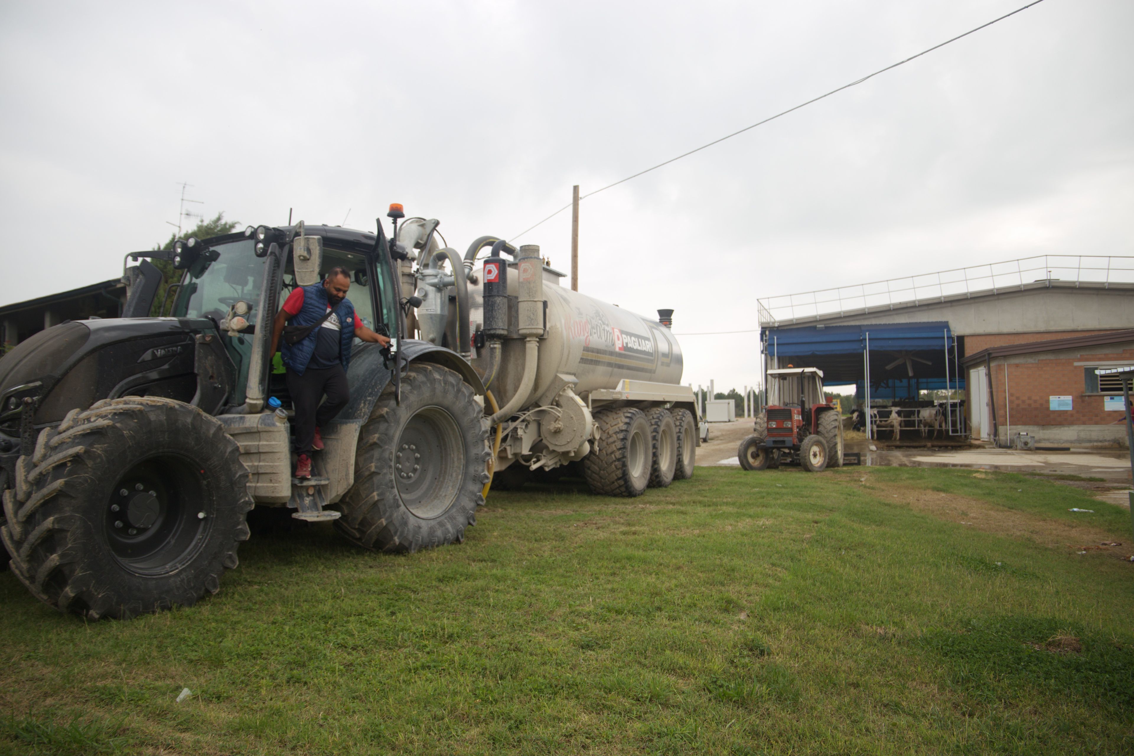 Harpreet Kang, 36, on one of the farm’s tractors. Alongside its 250 cows, the farm has 200 hectares of land where wheat and alfalfa are grown to feed the Friesian cows. Photo: Monica Pelliccia