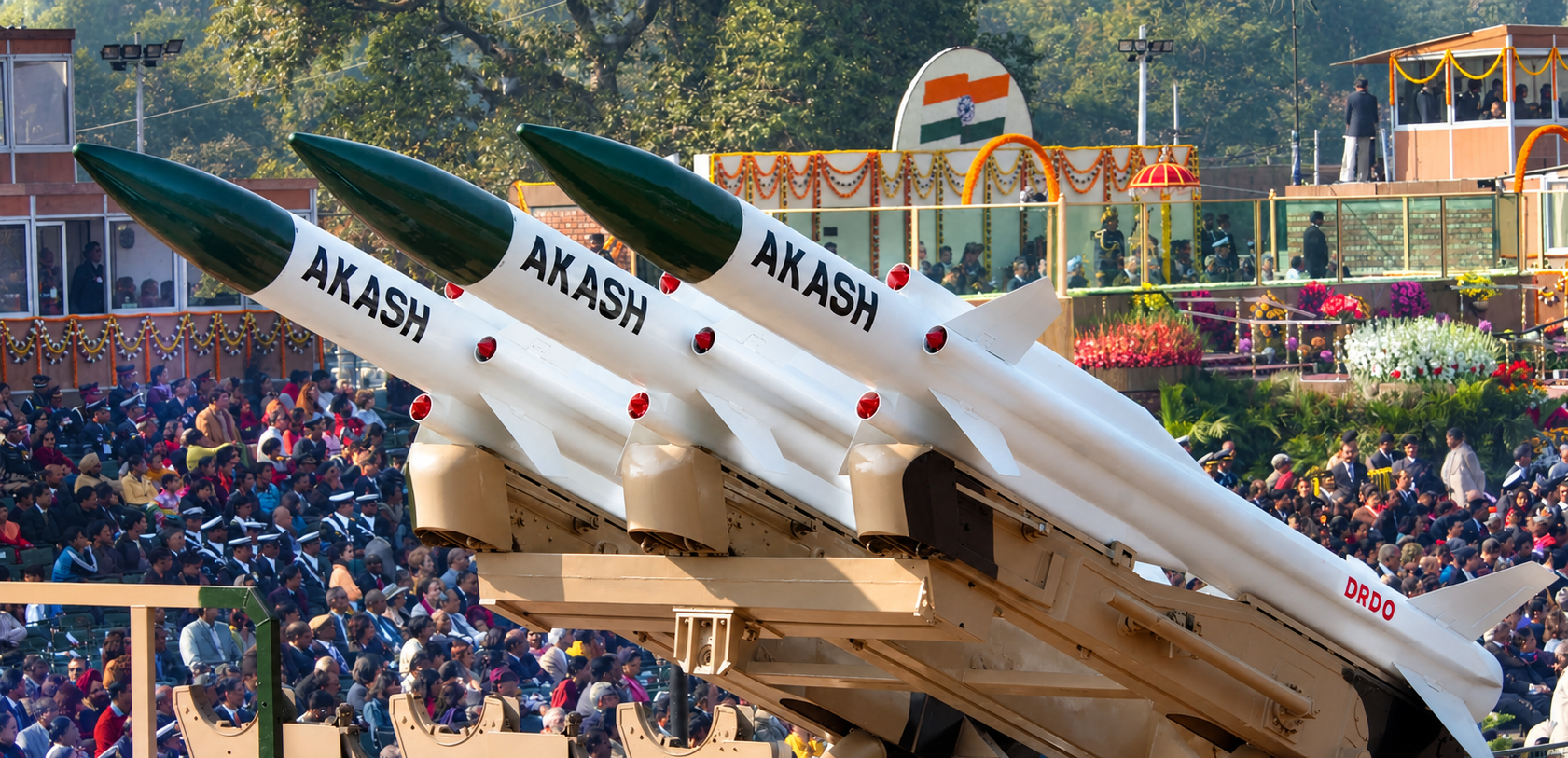 An Akash supersonic missile, with a range of 25 km, passes along Rajpath during the 58th Republic Day Parade in New Delhi on 26 January 2007. Photo: Press Information Bureau/Government of India