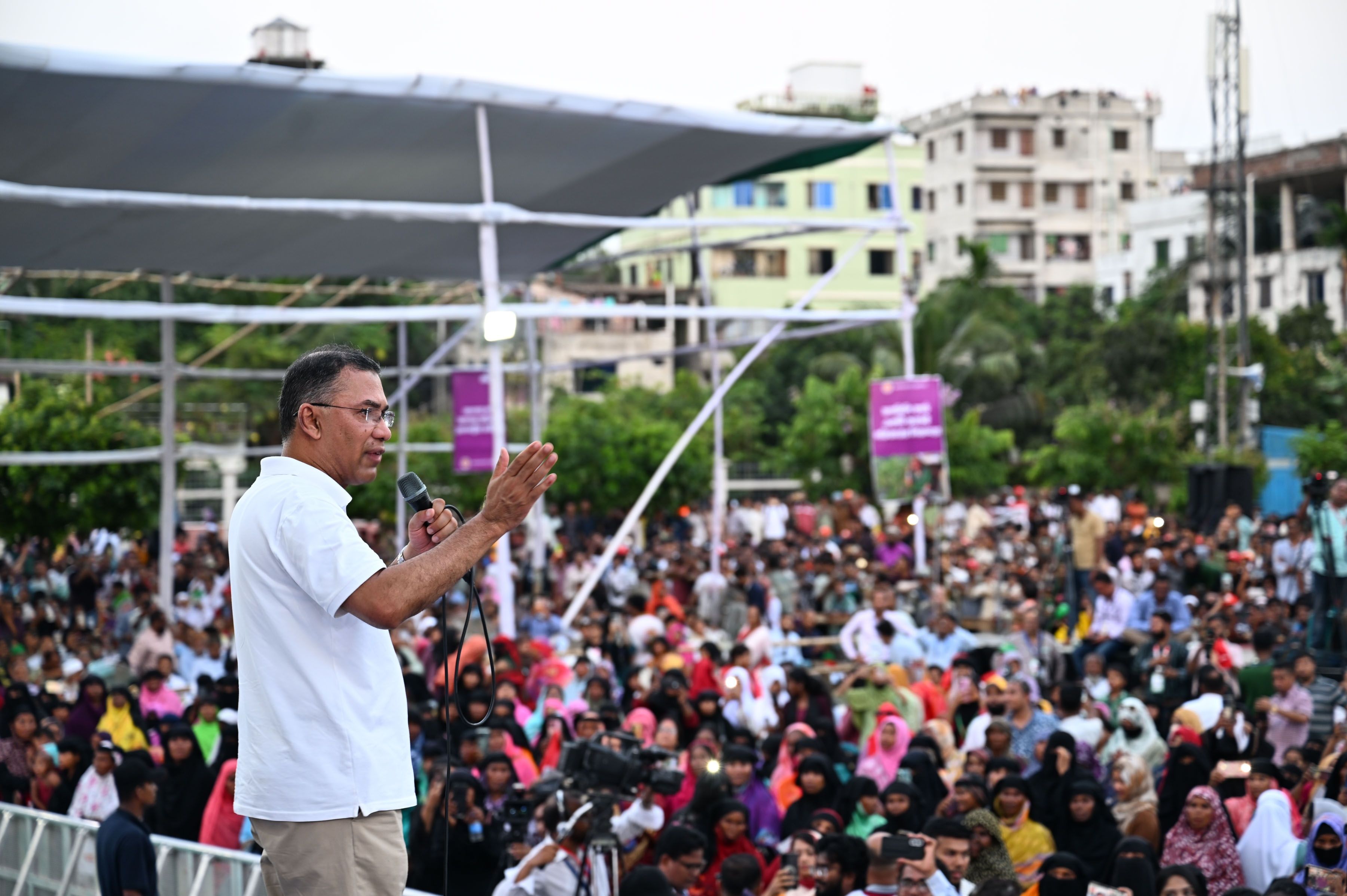 Bangladesh Prime Minister Tarique Rahman addresses a public meeting at Chandpur Government College in Chittagong on May 16, 2026. His government has recently expressed a desire to join the Mecca Pact. Photo: Press Information Department/Bangladesh