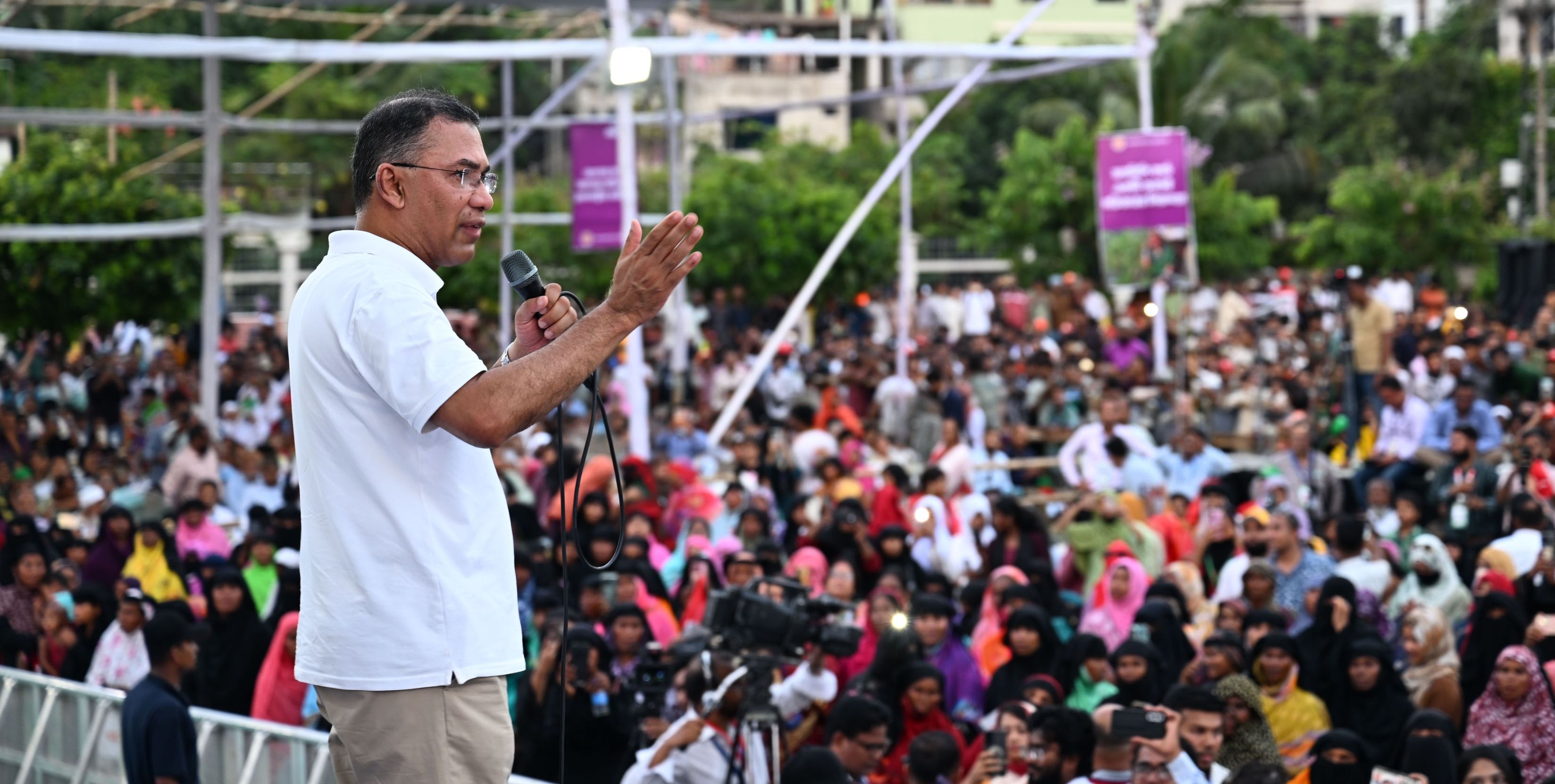 Bangladesh Prime Minister Tarique Rahman addresses a public meeting at Chandpur Government College in Chittagong on May 16, 2026. His government has recently expressed a desire to join the Mecca Pact. Photo: Press Information Department/Bangladesh