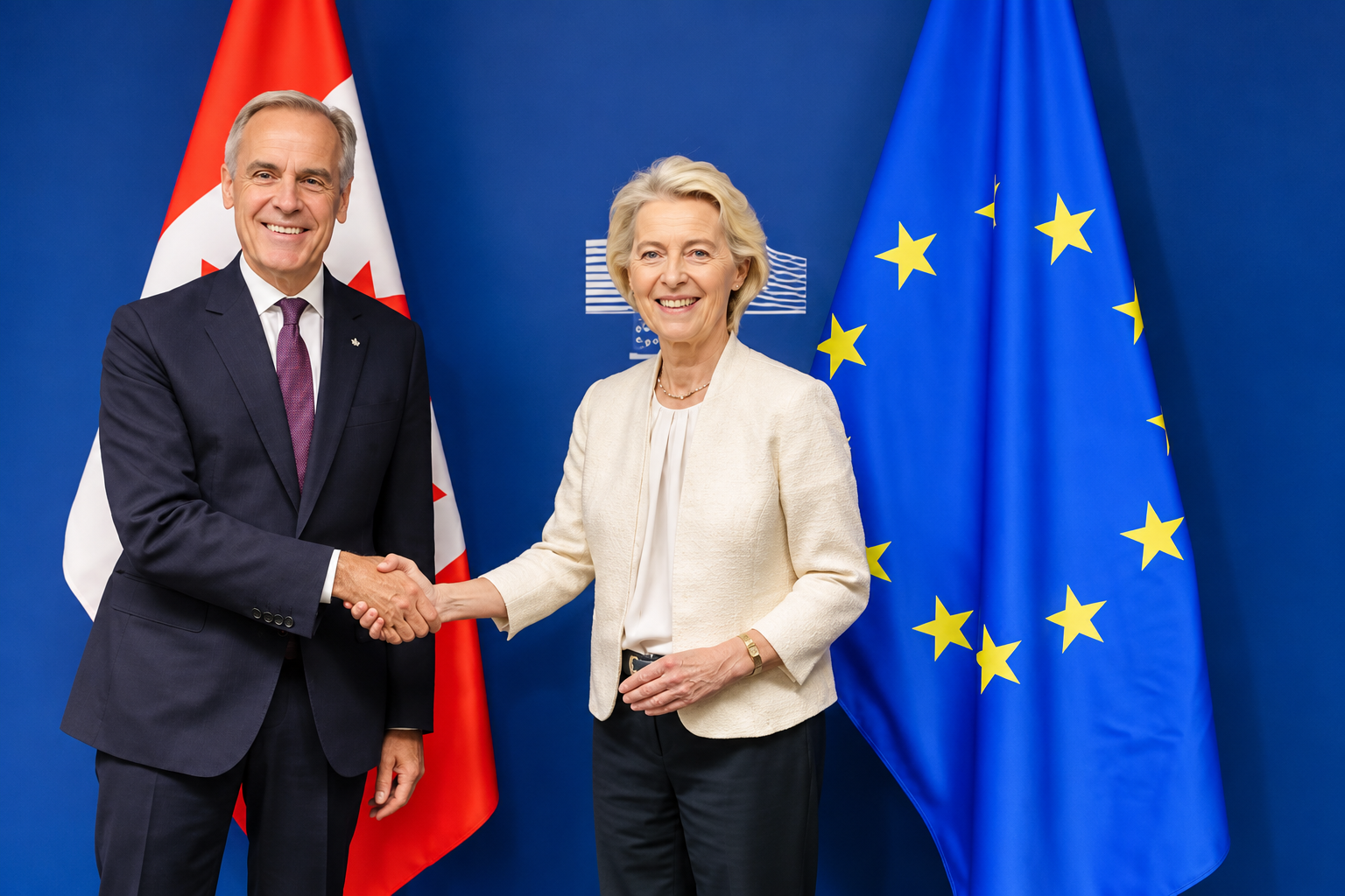 European Commission President Ursula von der Leyen shakes hands with Canadian Prime Minister Mark Carney. The EU dropped a proposal to grant Canada “associate member” status, opting instead to pursue closer ties. Photo: European Commission.