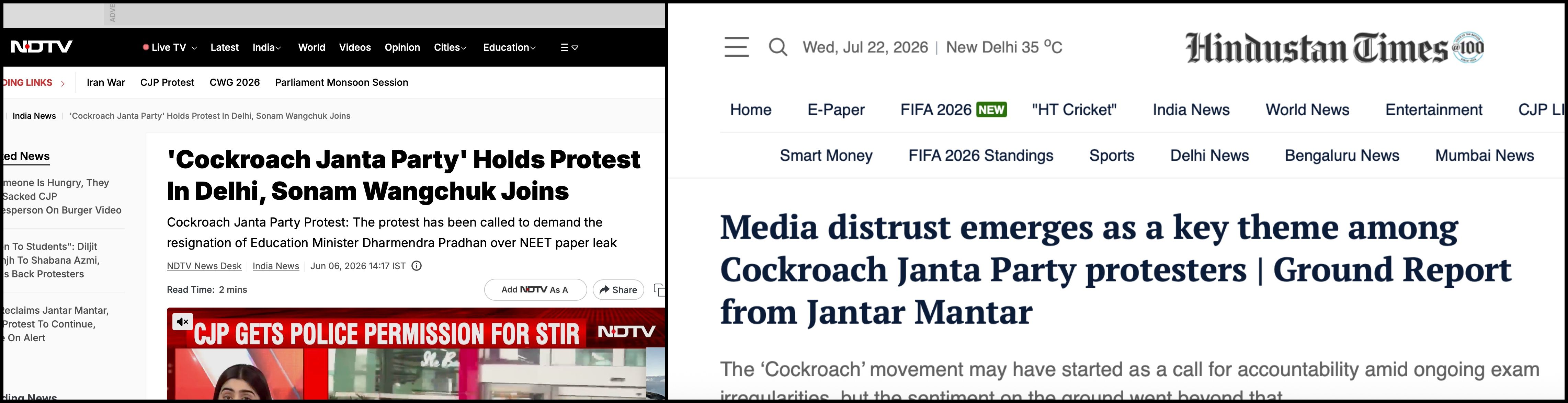 Screenshots of coverage by NDTV and Hindustan Times
