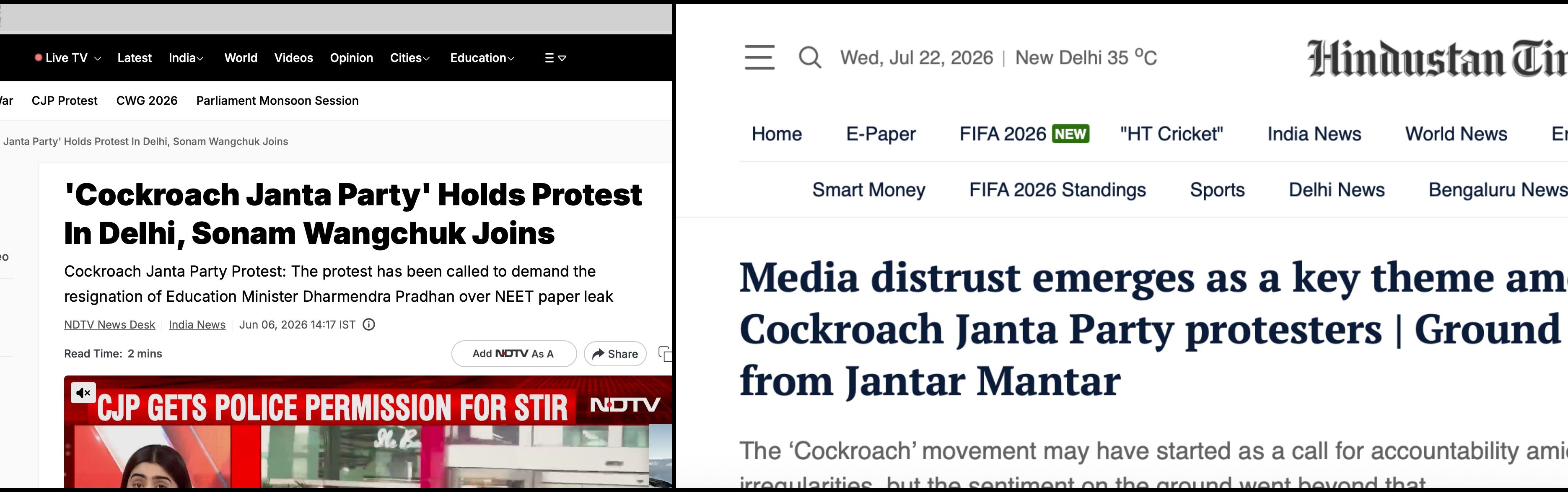 Screenshots of coverage by NDTV and Hindustan Times