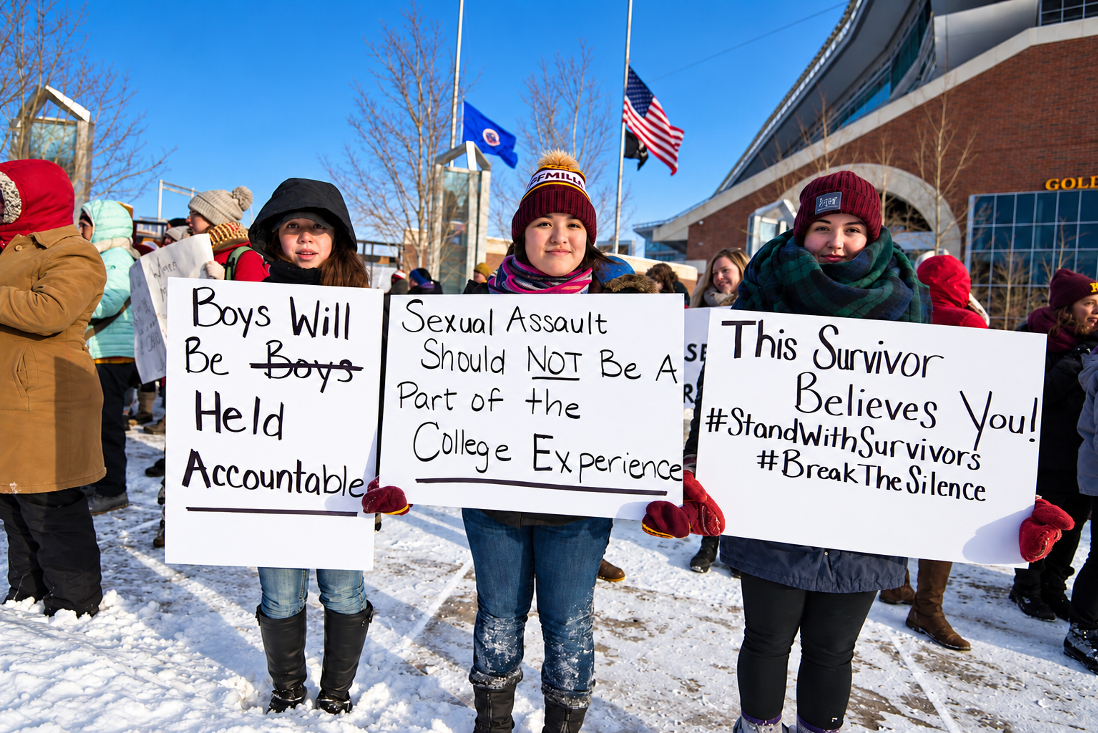 American students hold signs supporting survivors of sexual assault during a campus protest, calling for greater accountability and an end to sexual violence in university life. Photo: Fibonacci Blue/Creative Commons.