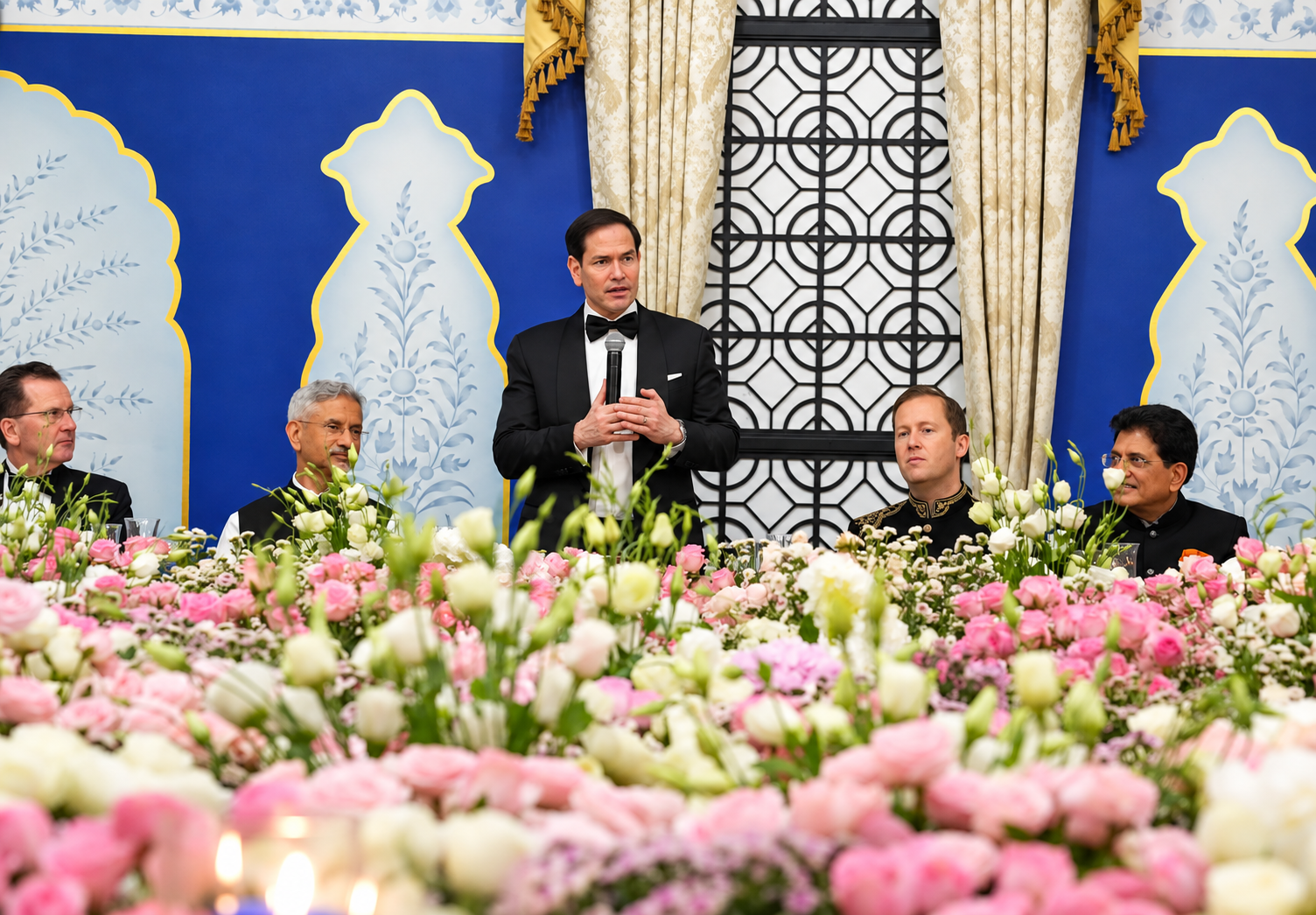 US Secretary of State Marco Rubio speaks at a reception hosted by Ambassador Sergio Gor in New Delhi on May 23, 2026, attended by External Affairs Minister S. Jaishankar and Commerce Minister Piyush Goyal. Photo: Freddie Everett/US Department of State
