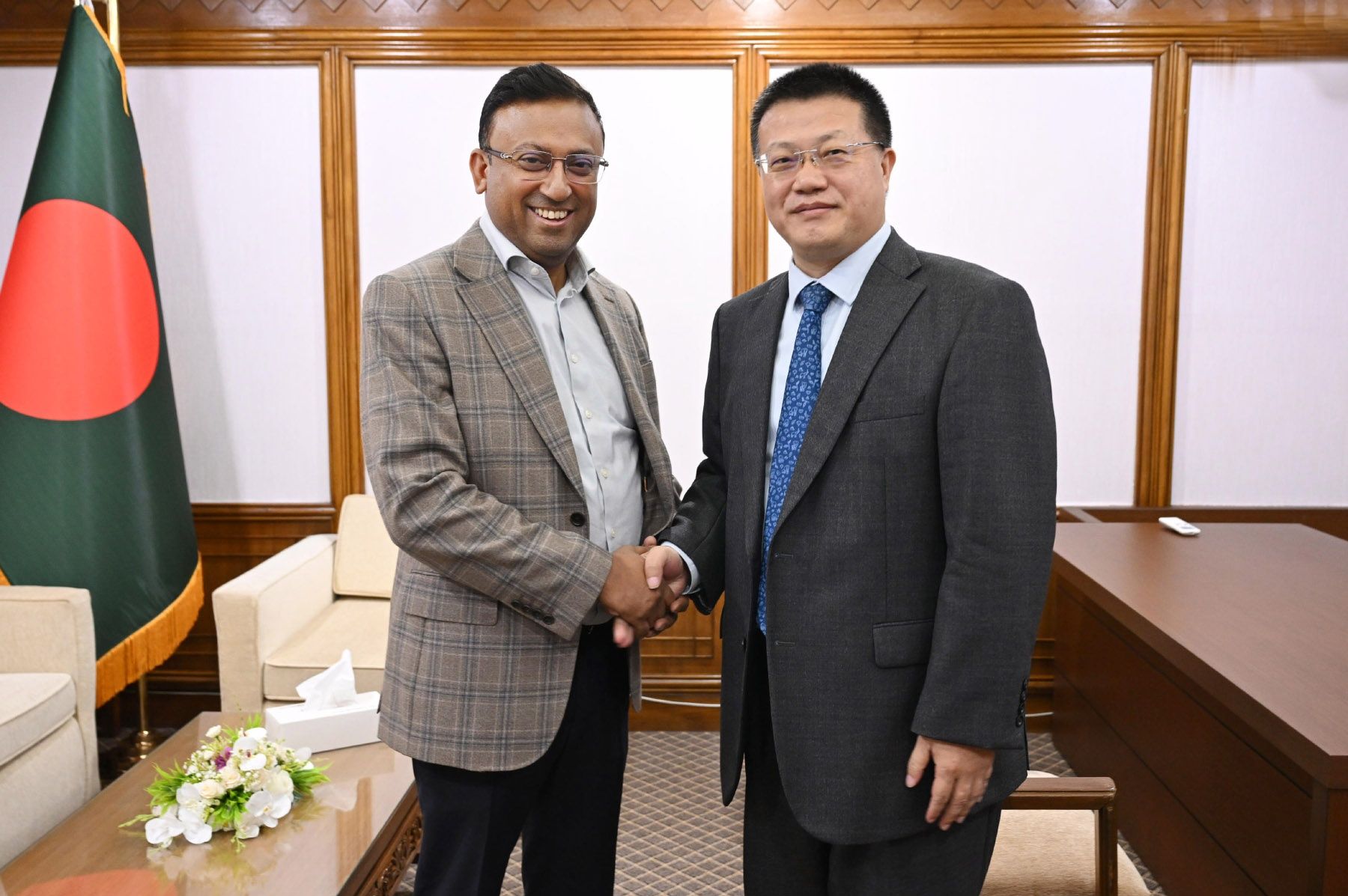 Chinese Ambassador Yao Wen met with Foreign Affairs Adviser Humayun Kabir at the Prime Minister's Office in Tejgaon, Dhaka, on March 2, 2026, reflecting the deepening strategic and economic ties between Bangladesh and Beijing.