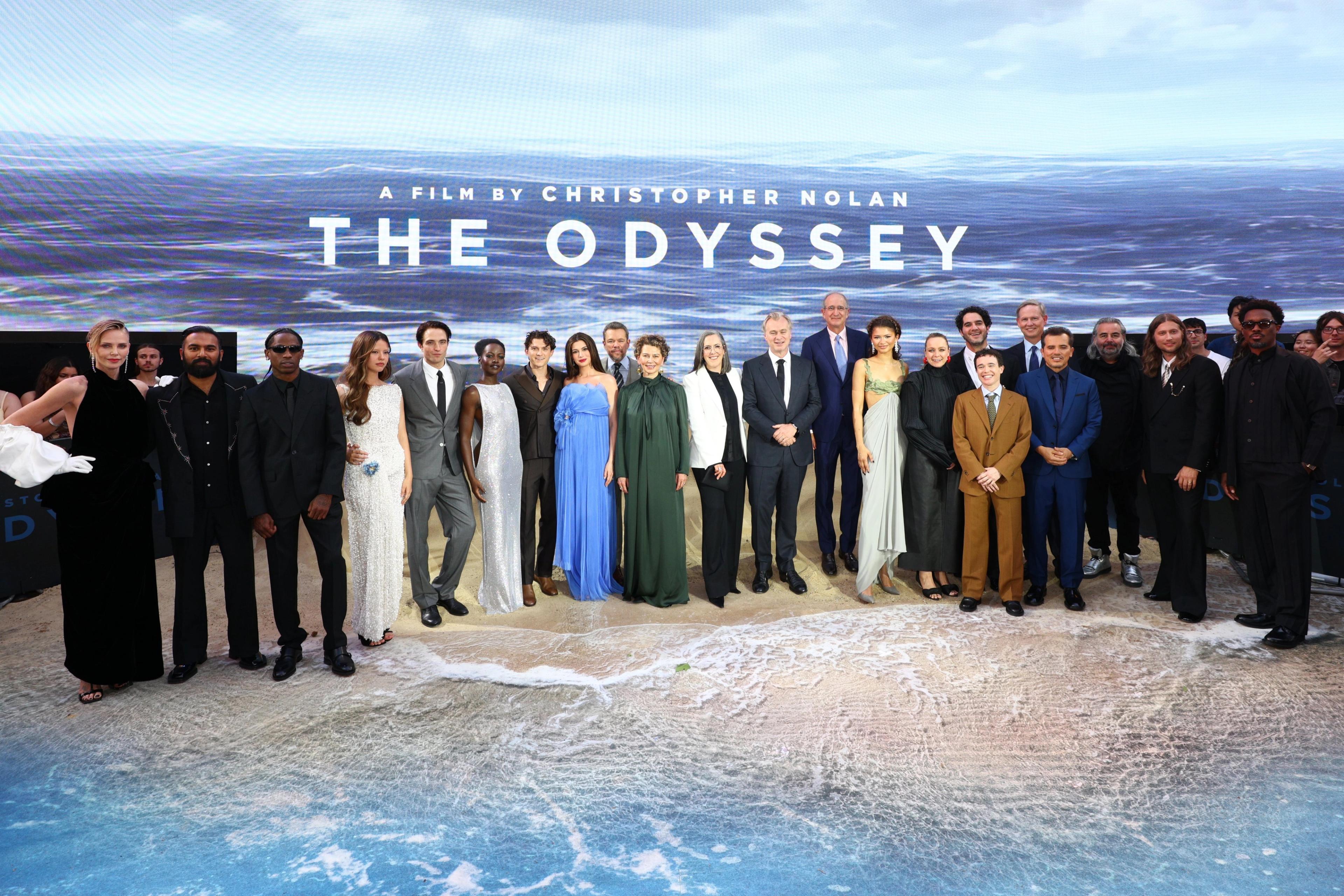 Christopher Nolan joins the cast of The Odyssey, including Matt Damon, Anne Hathaway, Tom Holland, Robert Pattinson, Lupita Nyong’o, Zendaya and other members of the ensemble, at the film’s world premiere in London.