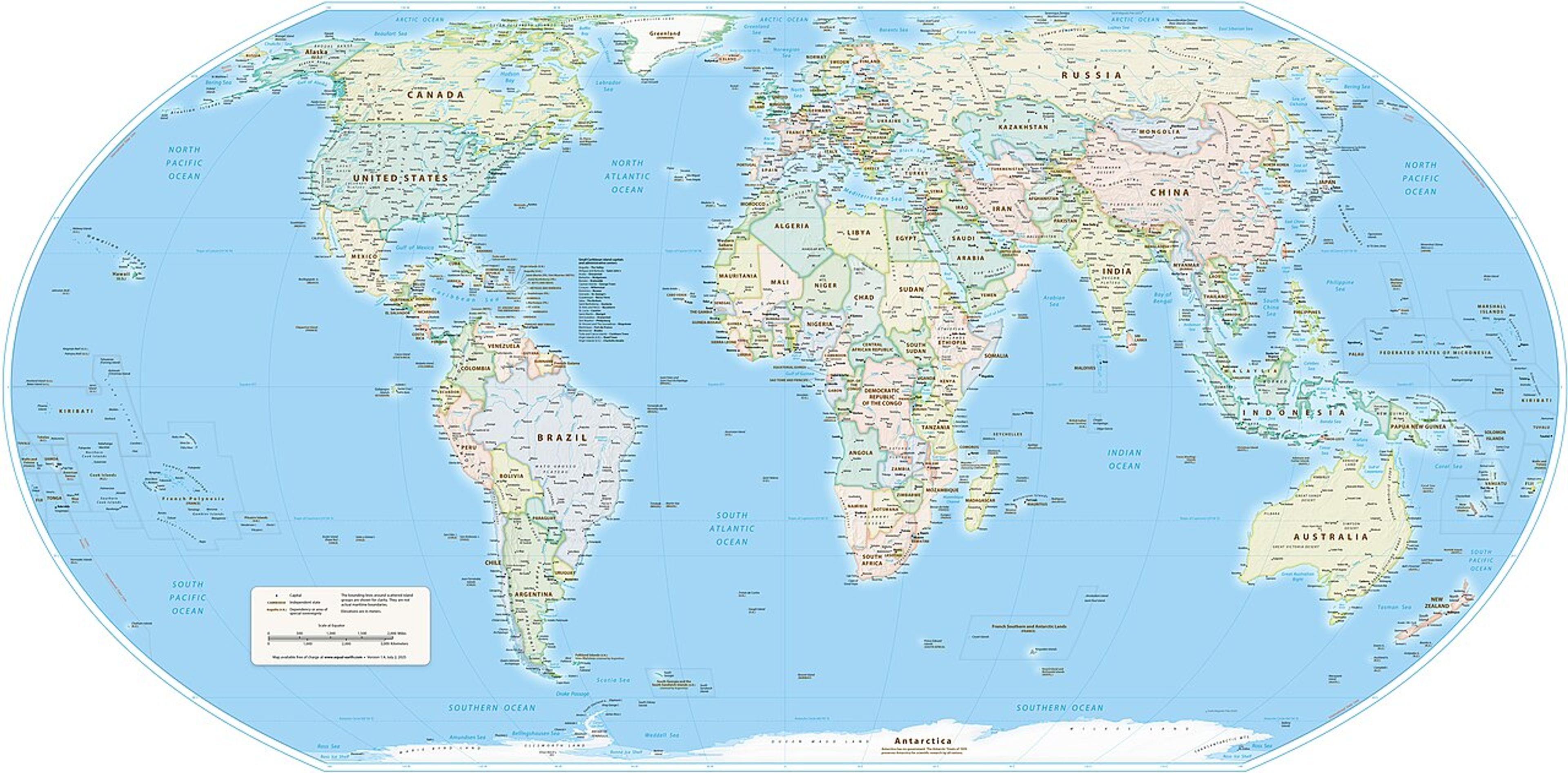 Equal Earth map showing country boundaries, centered on the Greenwich prime meridian. Photo: Tom Patterson 