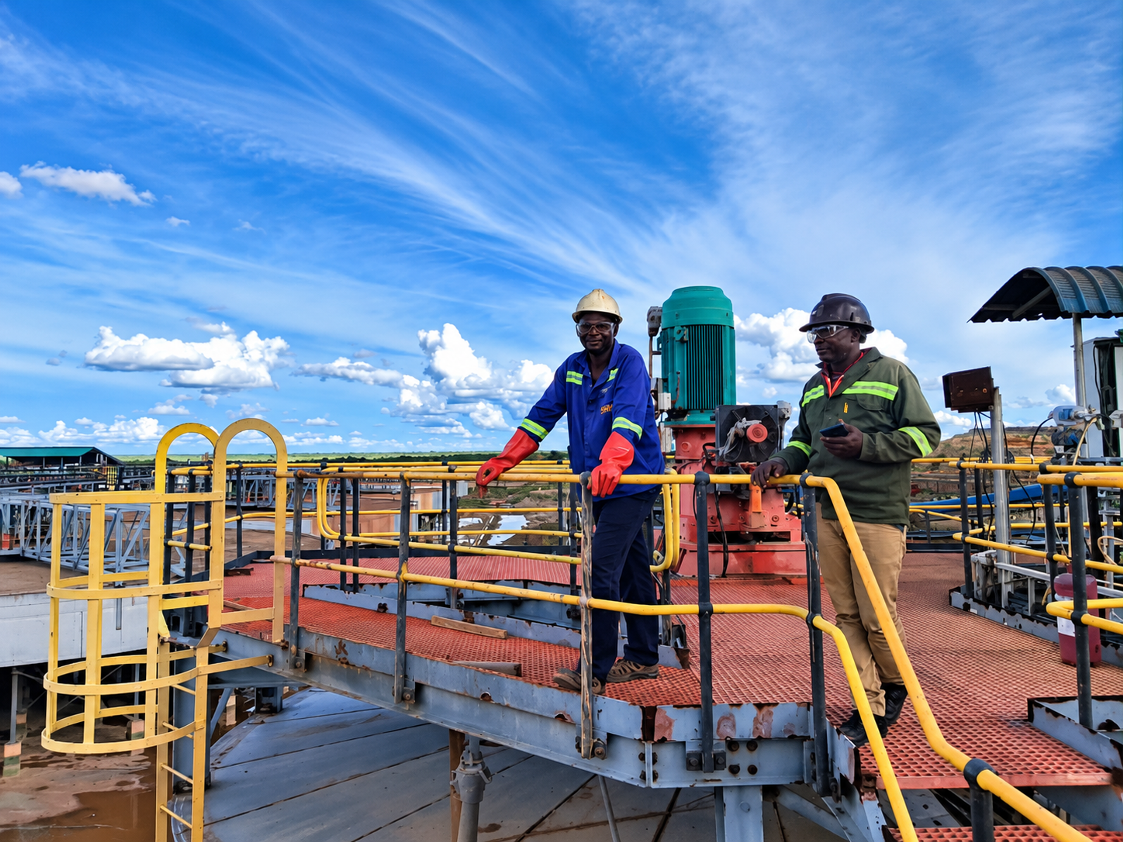 Workers in protective gear at an industrial processing unit. Photo: Elisha Iragi