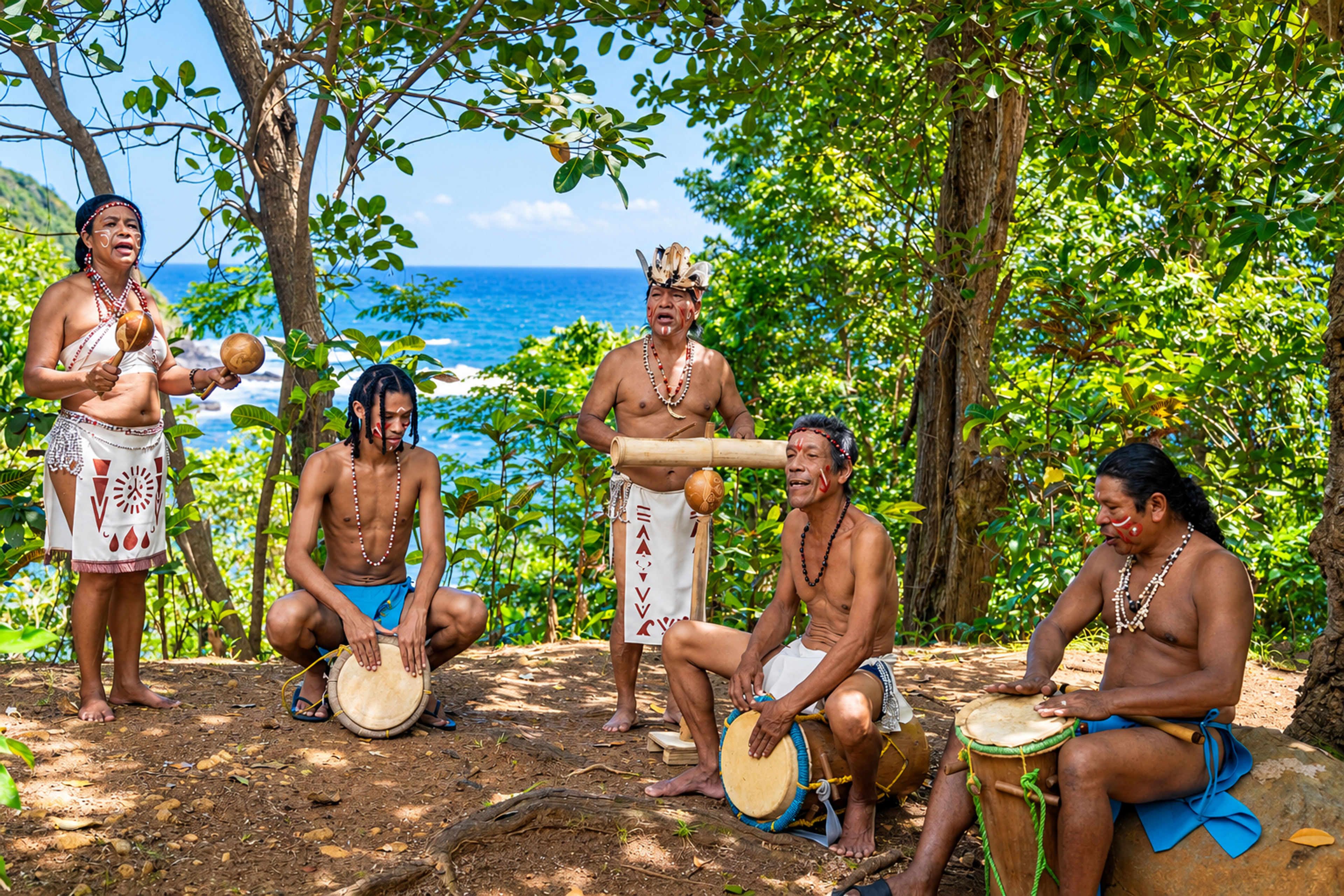 Kalinago men perform traditional music in Dominica, reflecting the Indigenous heritage and cultural traditions that help sustain community identity and resilience. Photo: Discover Dominica Authority.