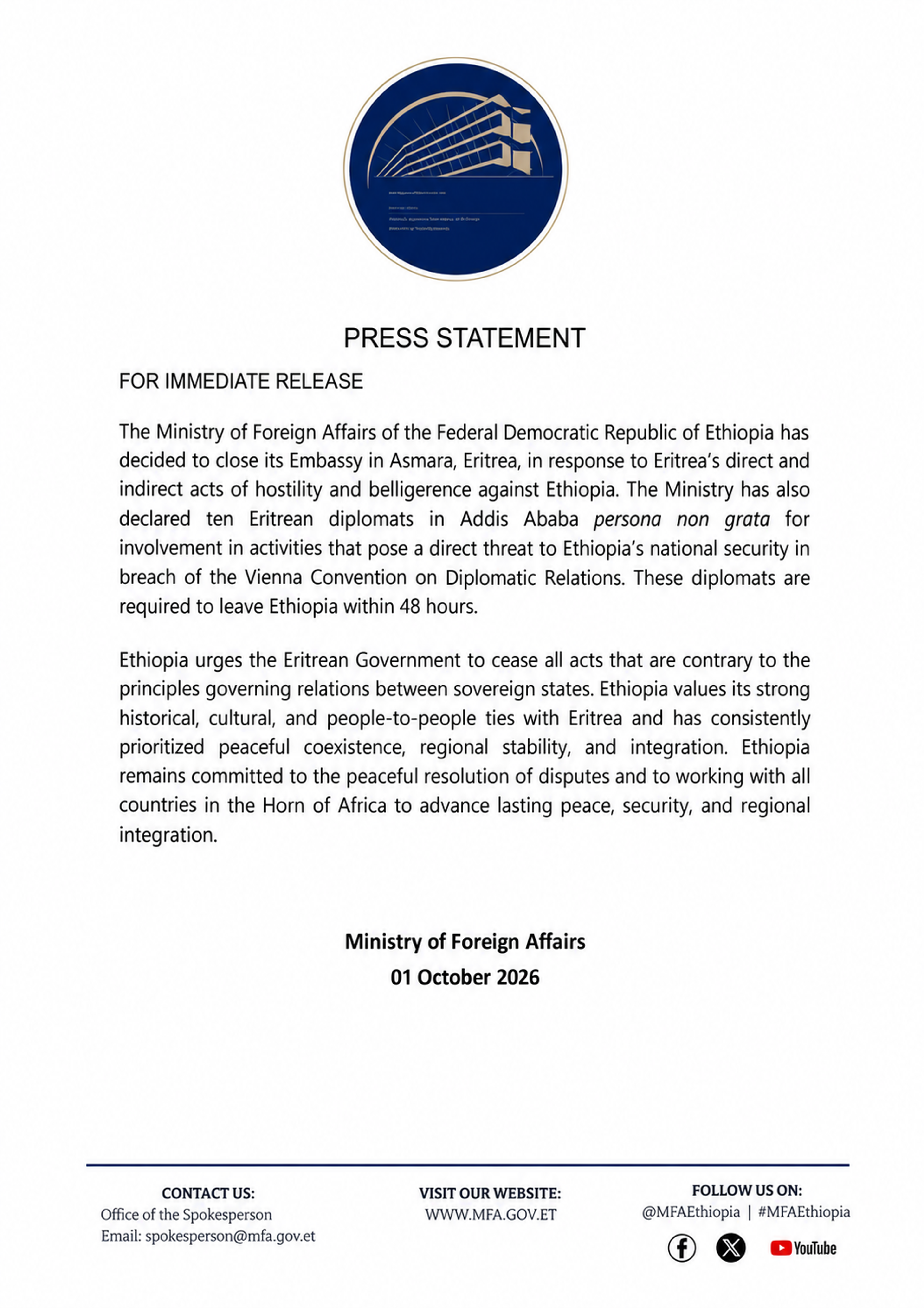Ethiopia has announced the closure of its embassy in Asmara and declared 10 Eritrean diplomats in persona non grata, ordering them to leave the country within 48 hours. Photo: Ministry of Foreign Affairs - Ethiopia