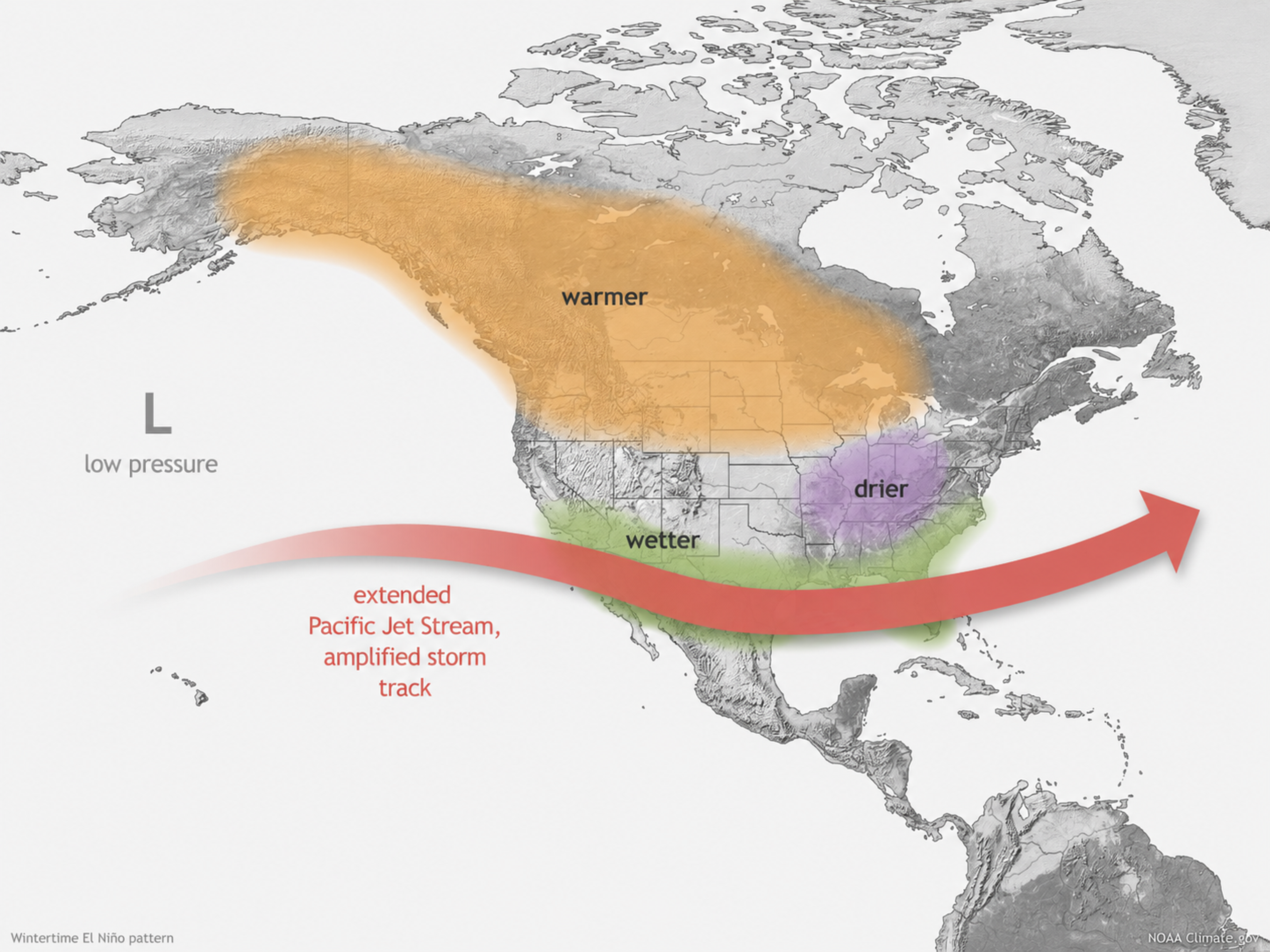 : The map shows the typical impacts of El Nino to the continental U.S and Canada during Northern Hemisphere winter. 