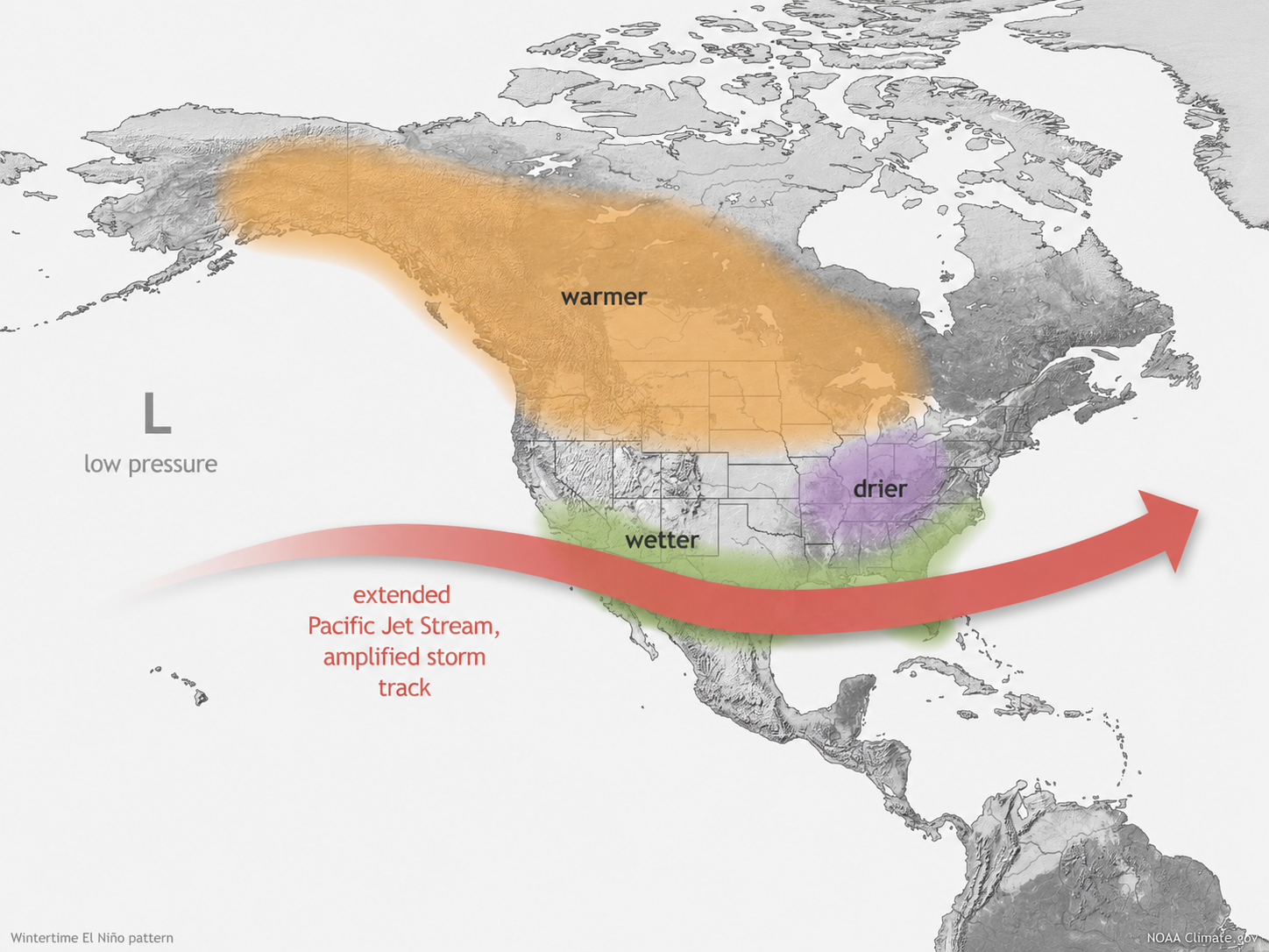 : The map shows the typical impacts of El Nino to the continental U.S and Canada during Northern Hemisphere winter.