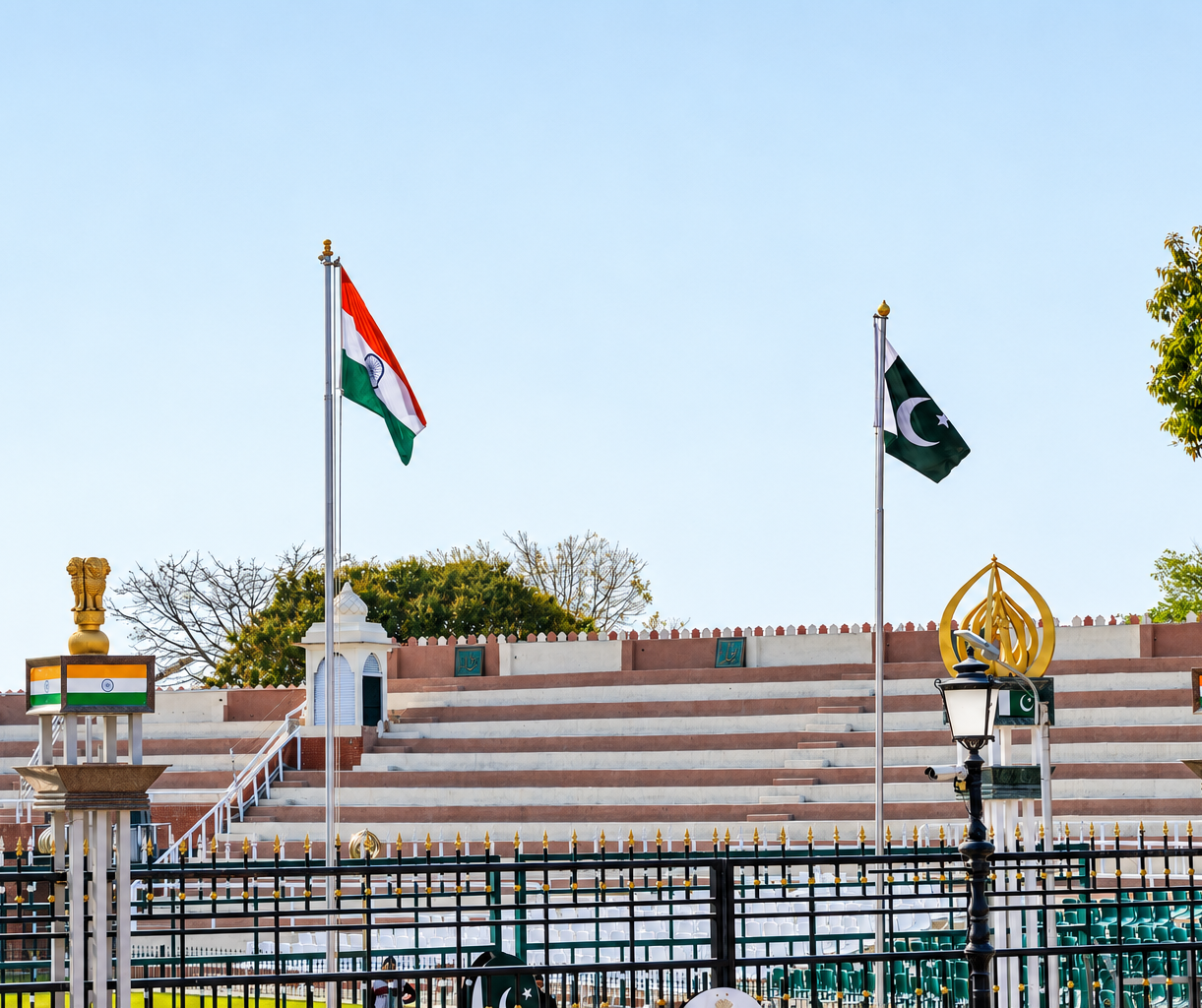 The flags of India and Pakistan fly at the Wagah border crossing, underscoring the longstanding ties and tensions between the two neighbouring countries. Photo: Sanket Mishra/Shutterstock