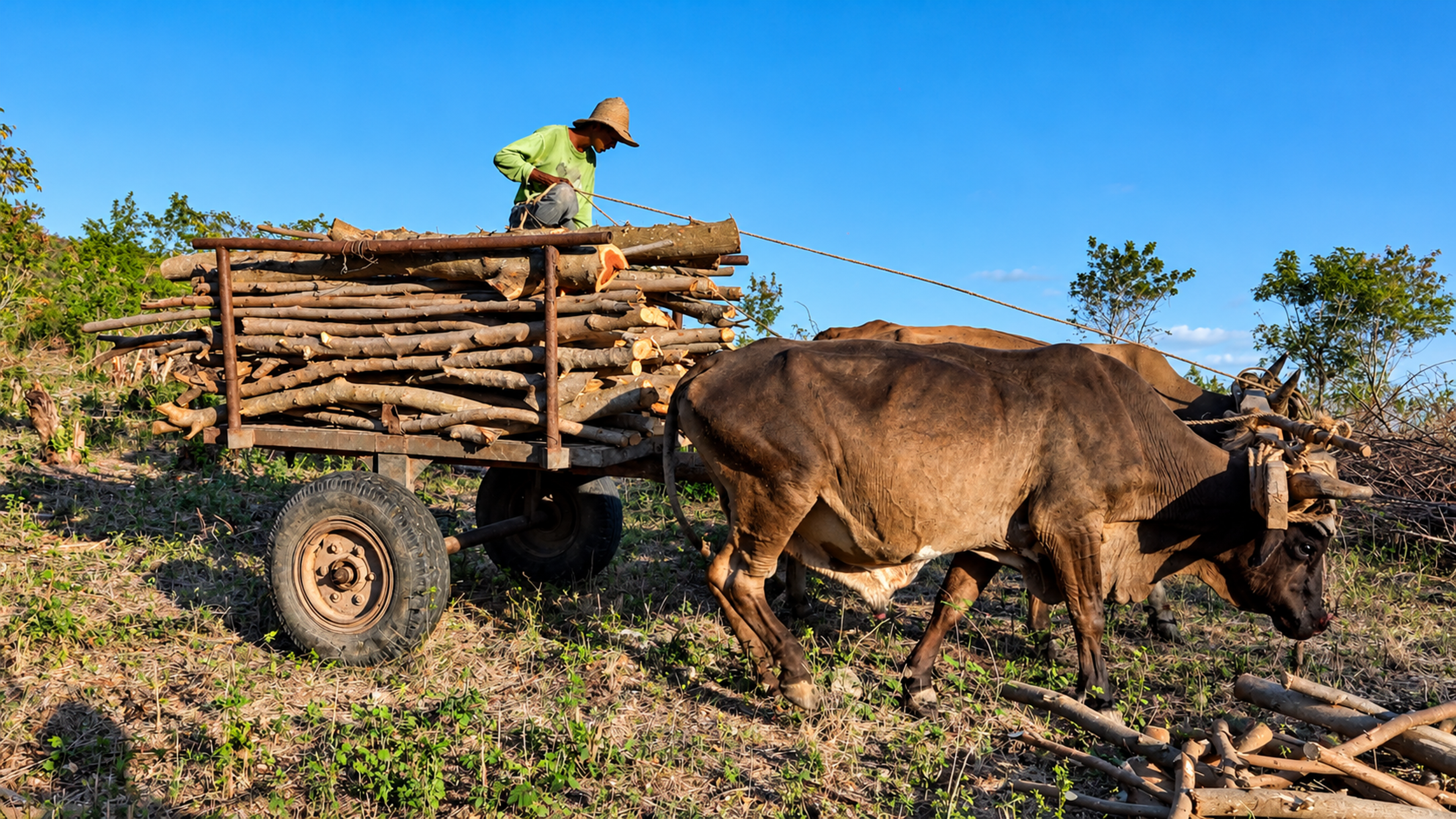A Cuban farmer transports firewood on an ox-drawn cart, highlighting the continued use of traditional methods to meet household energy needs amid fuel shortages and prolonged power outages. Photo: Anderlay Guerra Blanco.