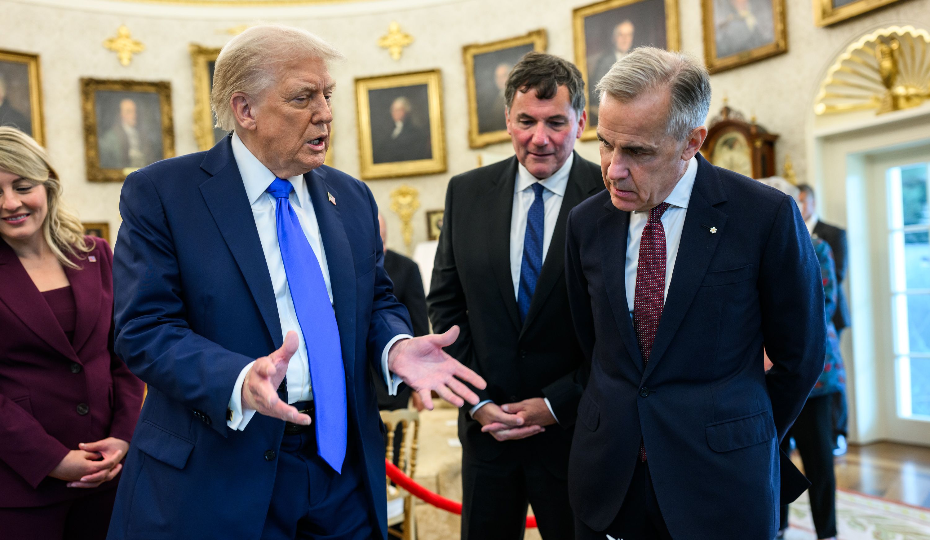 President Trump shows Canadian PM Mark Carney a model of the proposed “Independence Arch” in the Oval Office, October 7, 2025. Photo: The White House Gallery