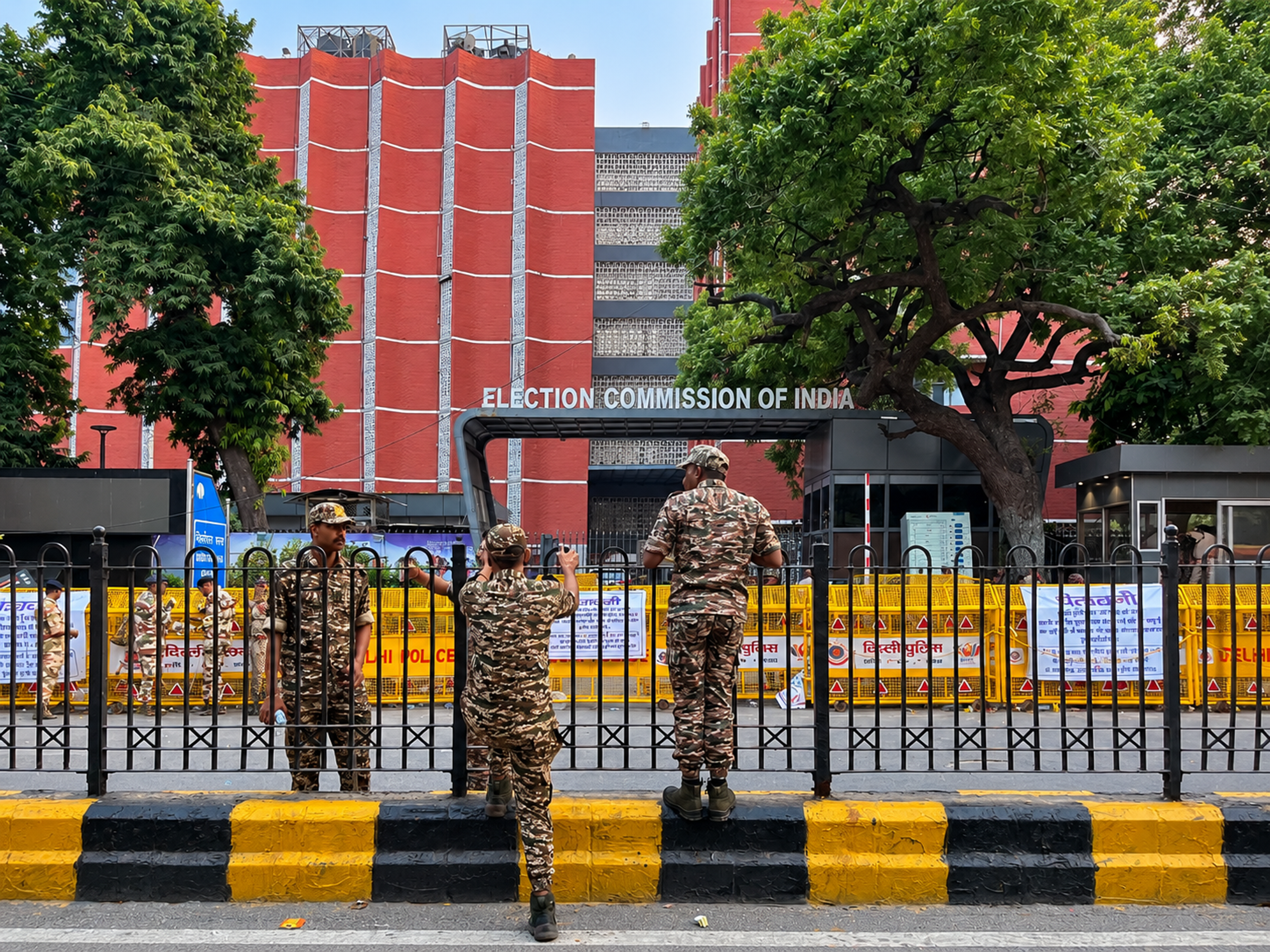 Barricades and camouflaged security personnel seal off the Election Commission of India, the focus of the protesters’ anger. Photo: Ajoy Ashirwad Mahaprashasta