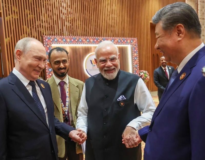Modi shared a light moment with the Chinese and Russian presidents on his Instagram handle during the BRICS Summit. Photo: Instagram/Narendra Modi