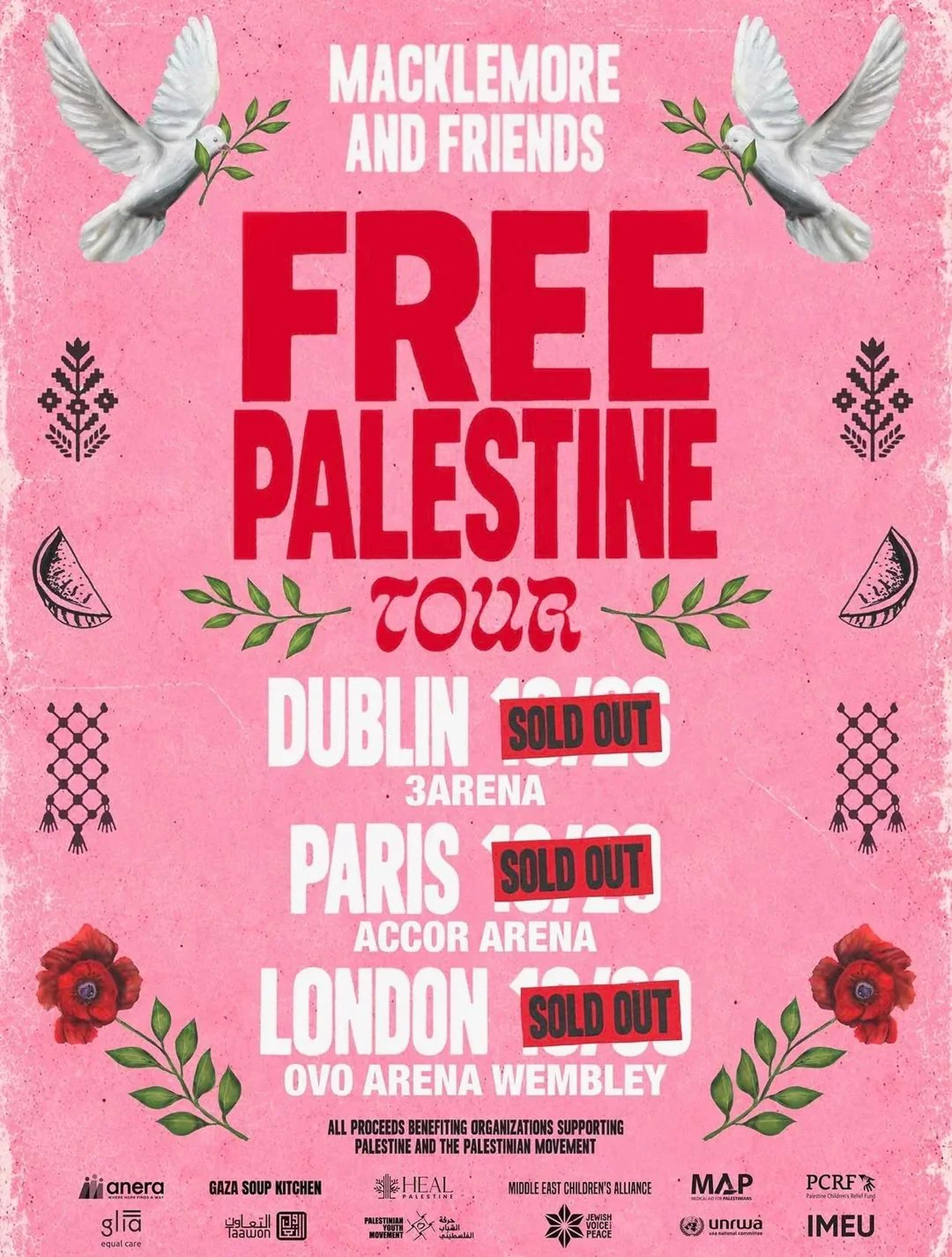 Promotional poster for Macklemore’s “Free Palestine” tour, which has sold-out dates in Dublin, Paris and London.