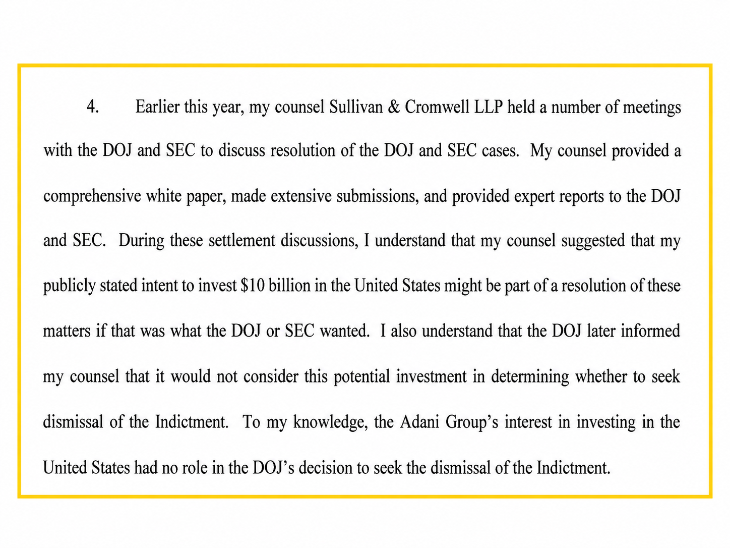 Gautam Adani admitted that his lawyers discussed a US$10 billion investment pledge with the DOJ and SEC. Photo: DOJ's response to the New York Court on July 4 2026.