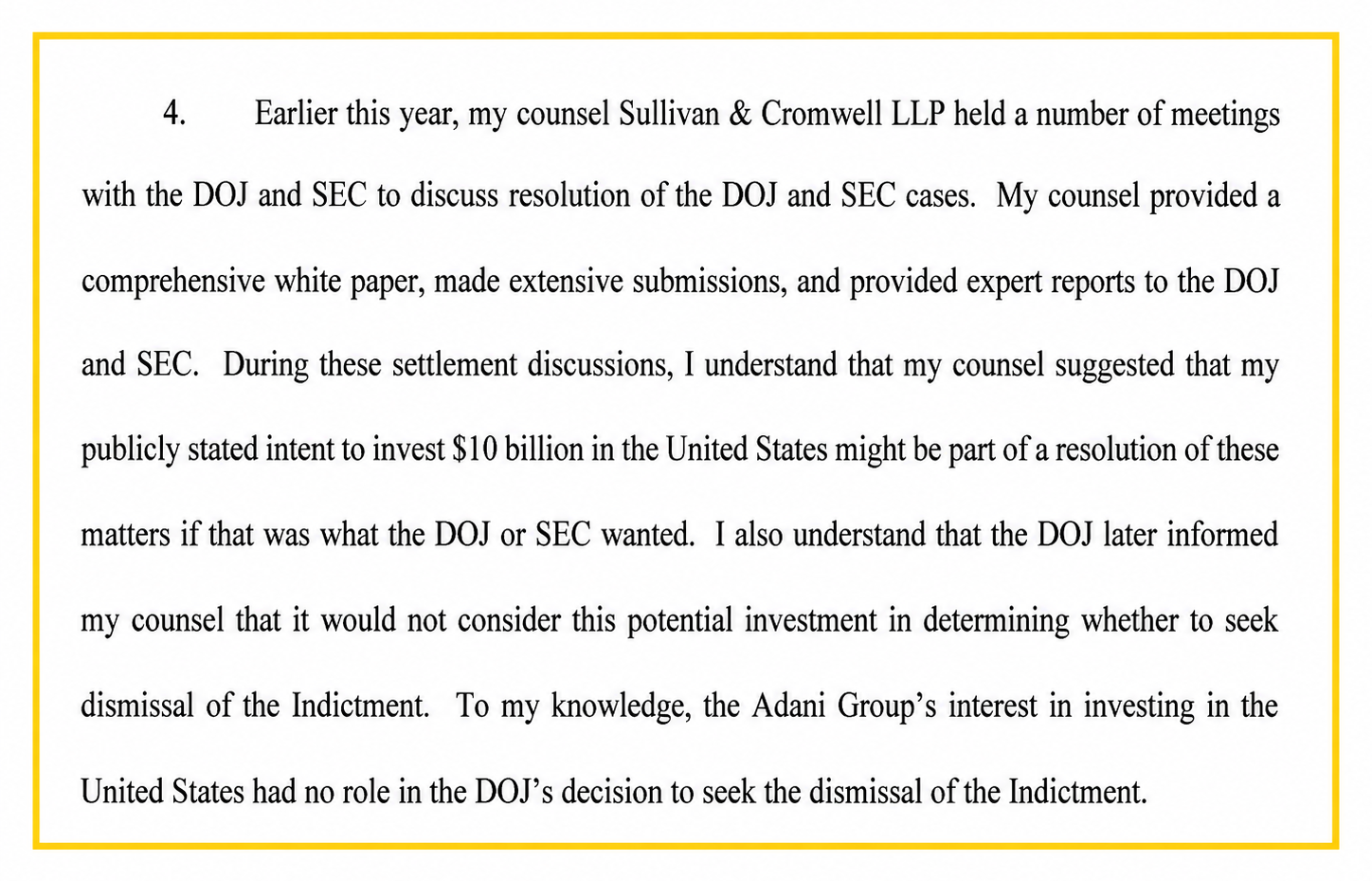 Gautam Adani admitted that his lawyers discussed a US$10 billion investment pledge with the DOJ and SEC. Photo: DOJ's response to the New York Court on July 4 2026.