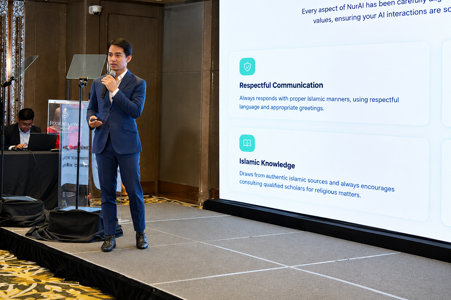 Zetrix co-founder Fadzli Shah demonstrates NurAI, a shariah-aligned AI assistant built on DeepSeek V3. Photo: Zetrix AI/PR Newswire