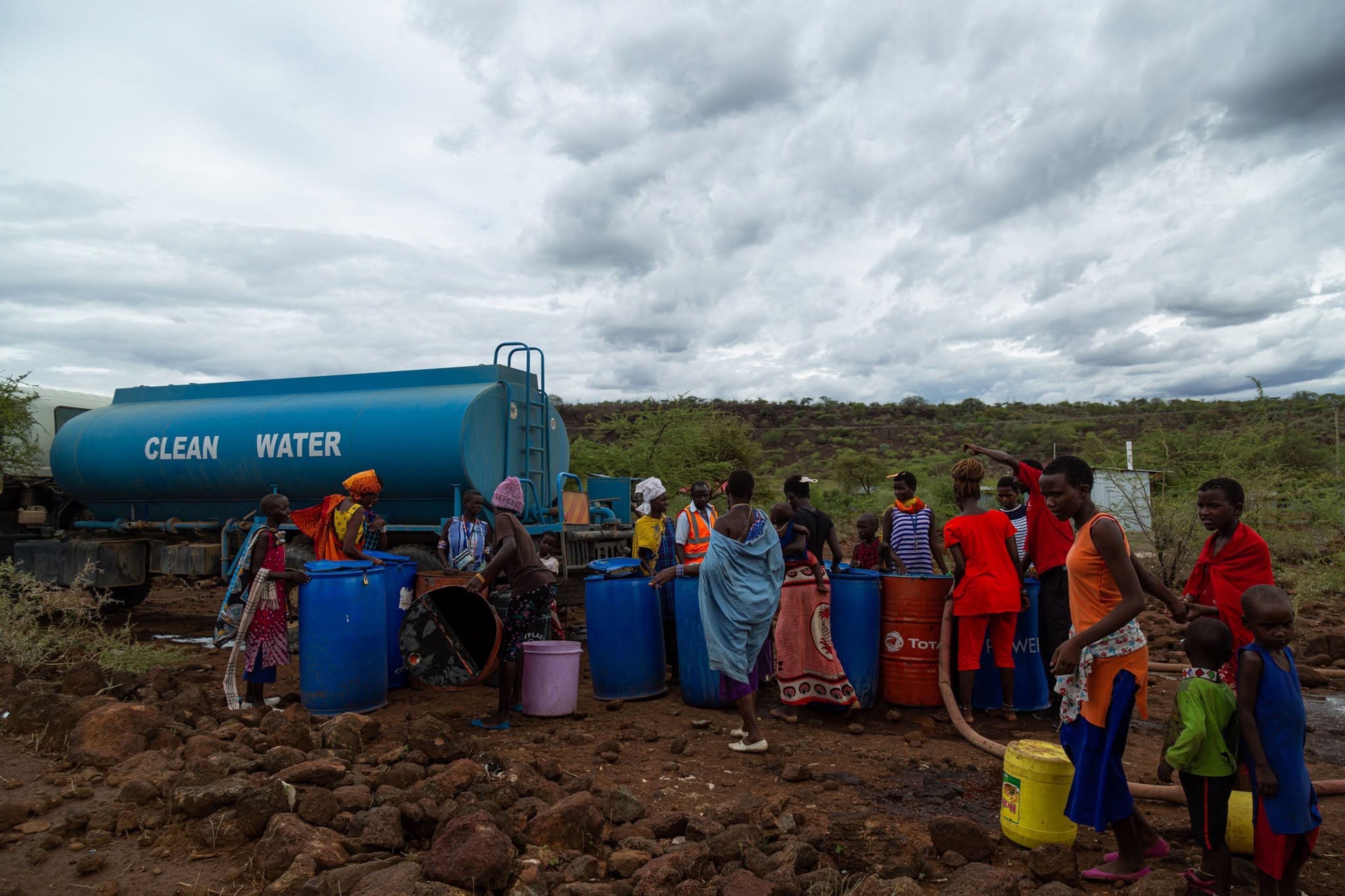 Residents of Magadi, Kenya fetch water from a bowser. The community relies on free water supply from Tata Chemicals. Photo: Tata Chemicals