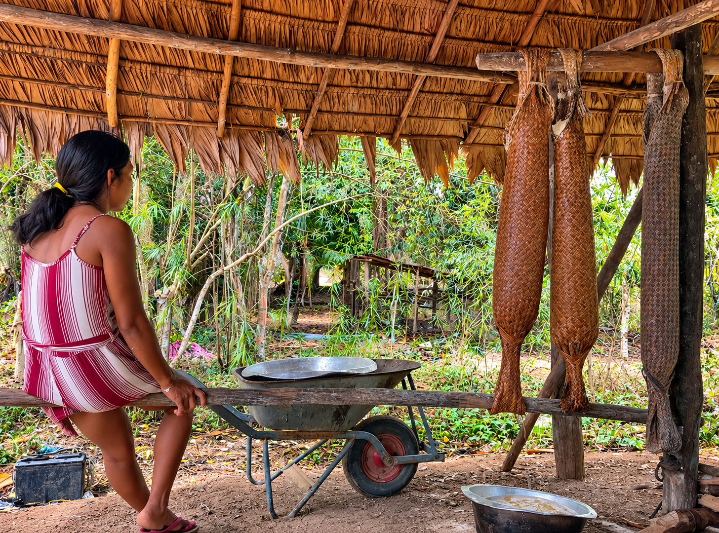 A local woman strains grated cassava using a traditional strainer, separating the pulp from the juice used for cooking and fermenting kasiri, a traditional Indigenous drink. Photo: Night Owls Project/Romano Jalimsingh.