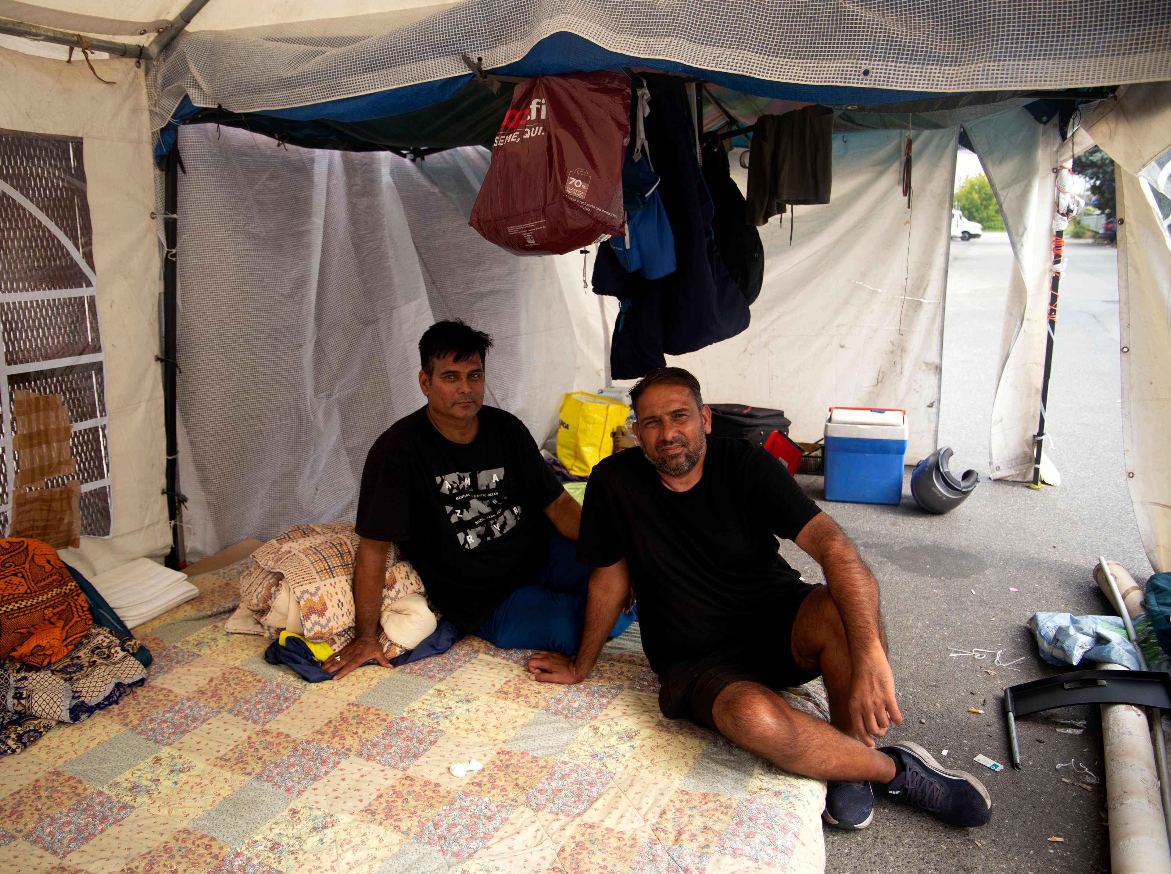 Marios Singh Choudhary, 51, and Manda Likhama Ram, 40, two Indian workers at Acca, took part in a protest outside the company’s premises in Campi Bisenzio, Italy. They remained at the gates for more than 70 days. August 2026. Photo: Monica Pelliccia