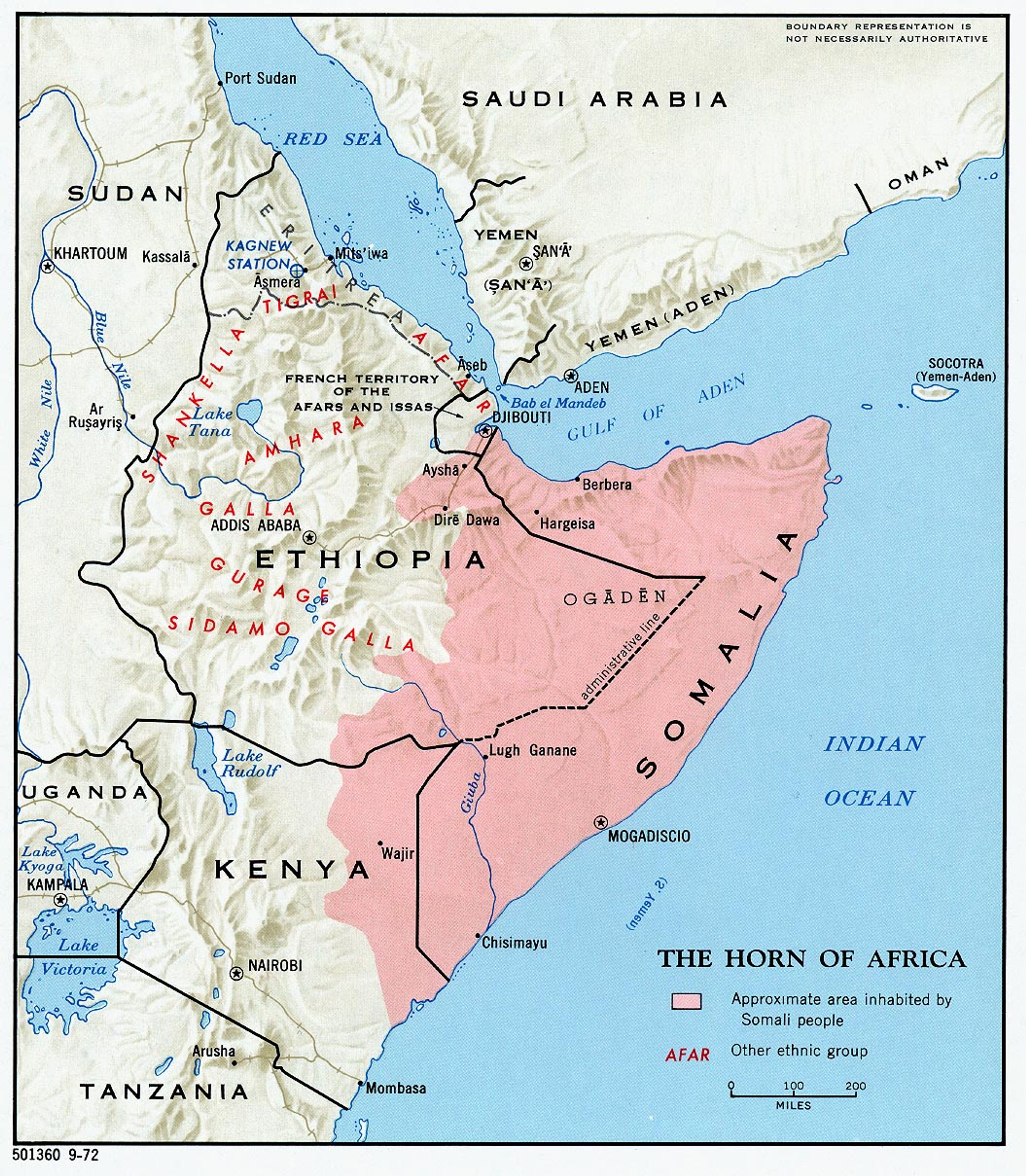 A map showing Somali-inhabited areas across Somaliland, Somalia, Djibouti, Ethiopia and Kenya.