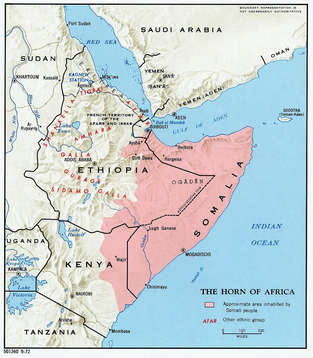 A map showing Somali-inhabited areas across Somaliland, Somalia, Djibouti, Ethiopia and Kenya.