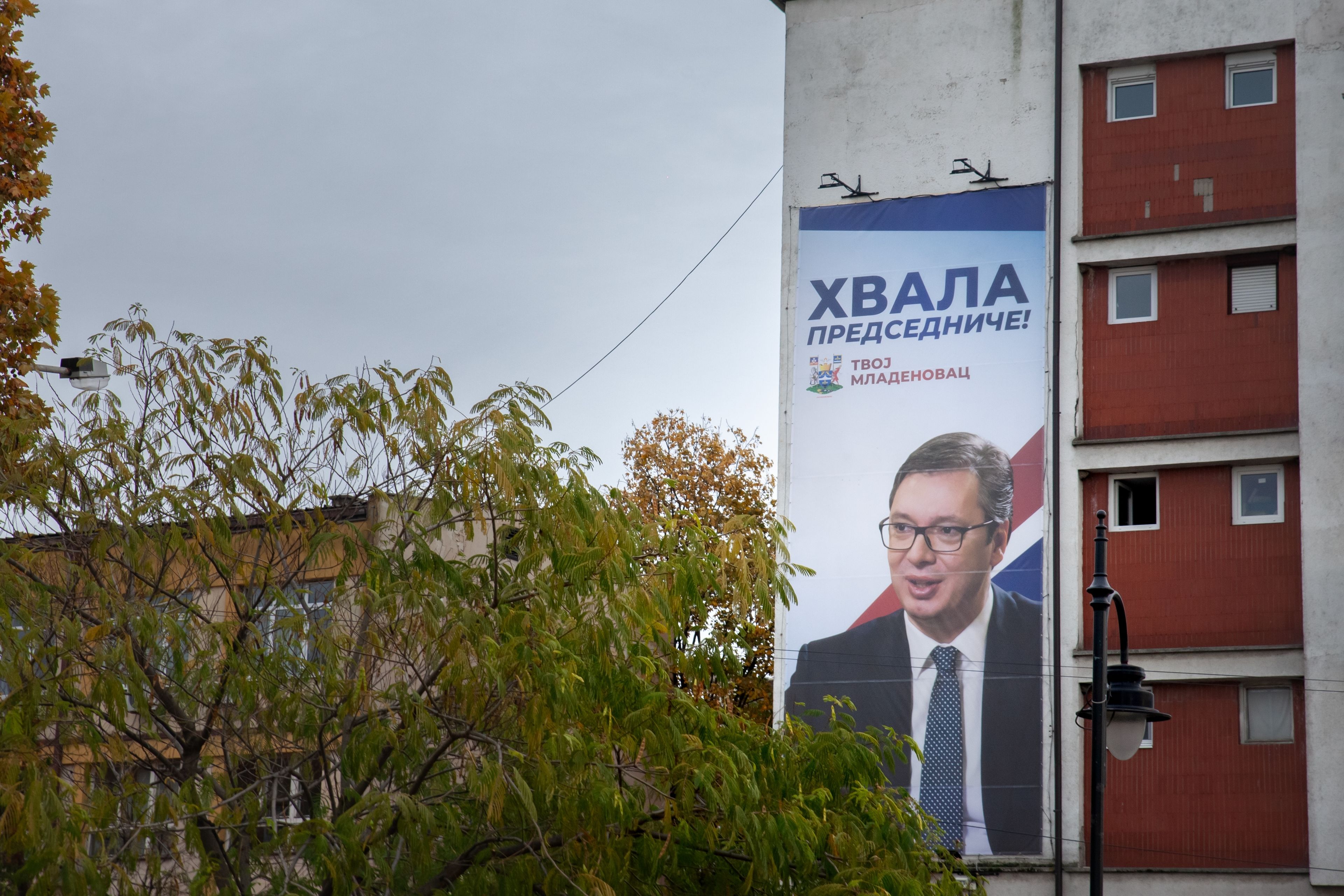 A poster backing Aleksandar Vučić in Mladenovac during the 2023 elections. Three years later, student-led opposition has dealt his camp a crushing defeat. Photo: BalkansCat/Shutterstock